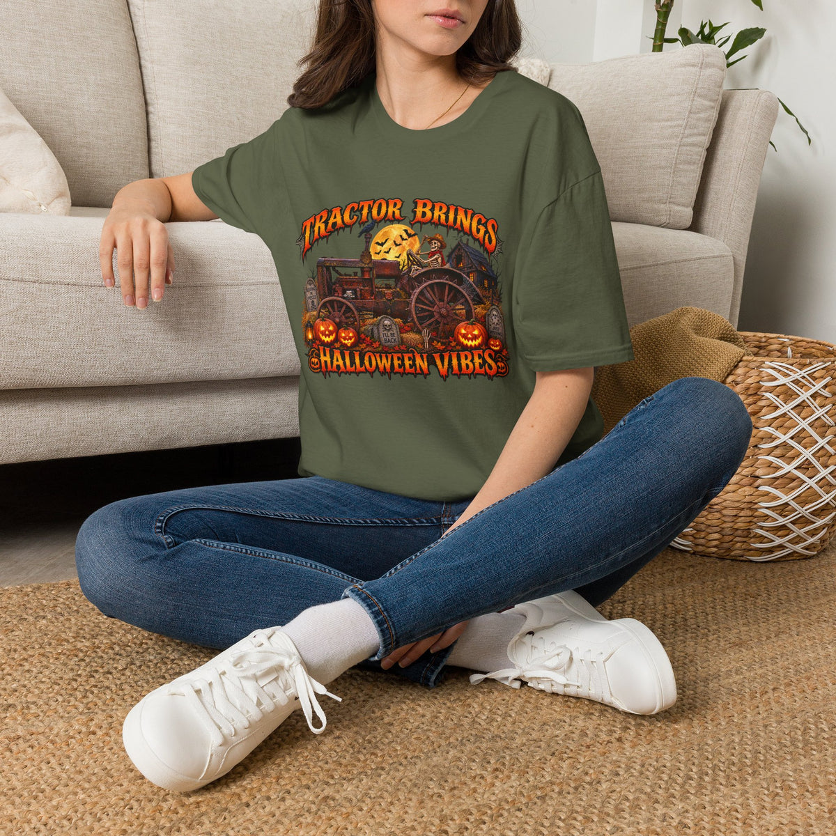 Tractor Brings Halloween Vibes T-Shirt | Pumpkin Farm Tractor Halloween Tee