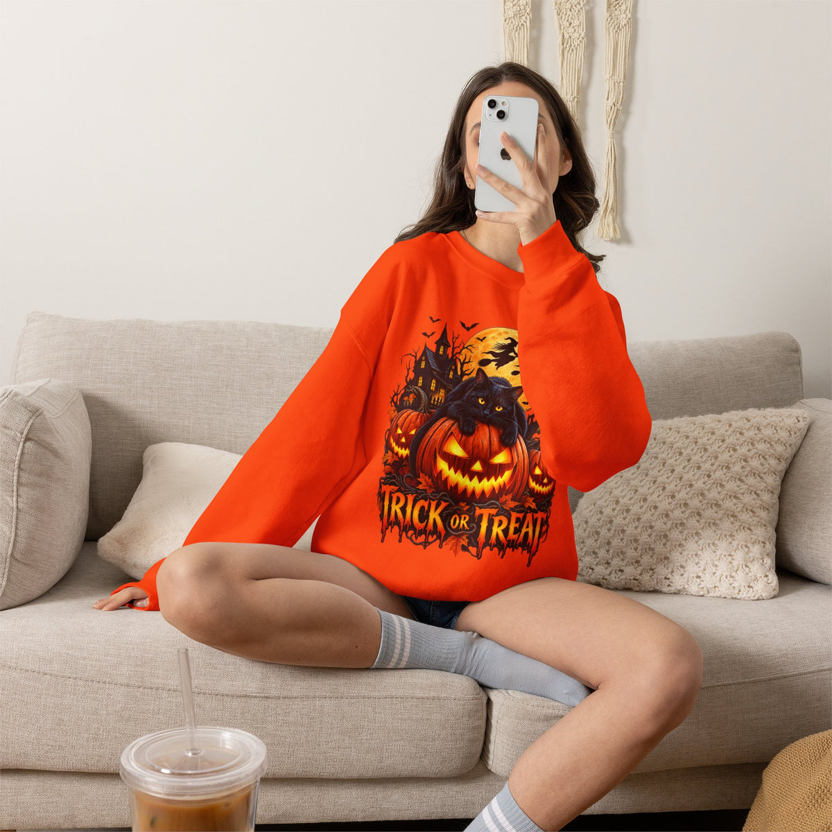 Trick or Treat Pumpkin Cat Sweatshirt | Halloween Jack-O'-Lantern Crewneck