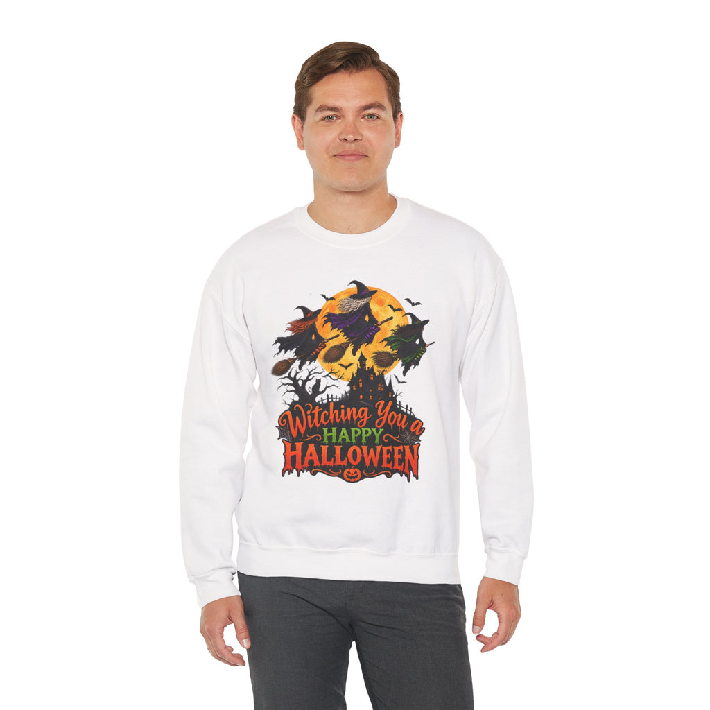 Witching You a Happy Halloween Crewneck Sweatshirt | Halloween Skull Moon Design