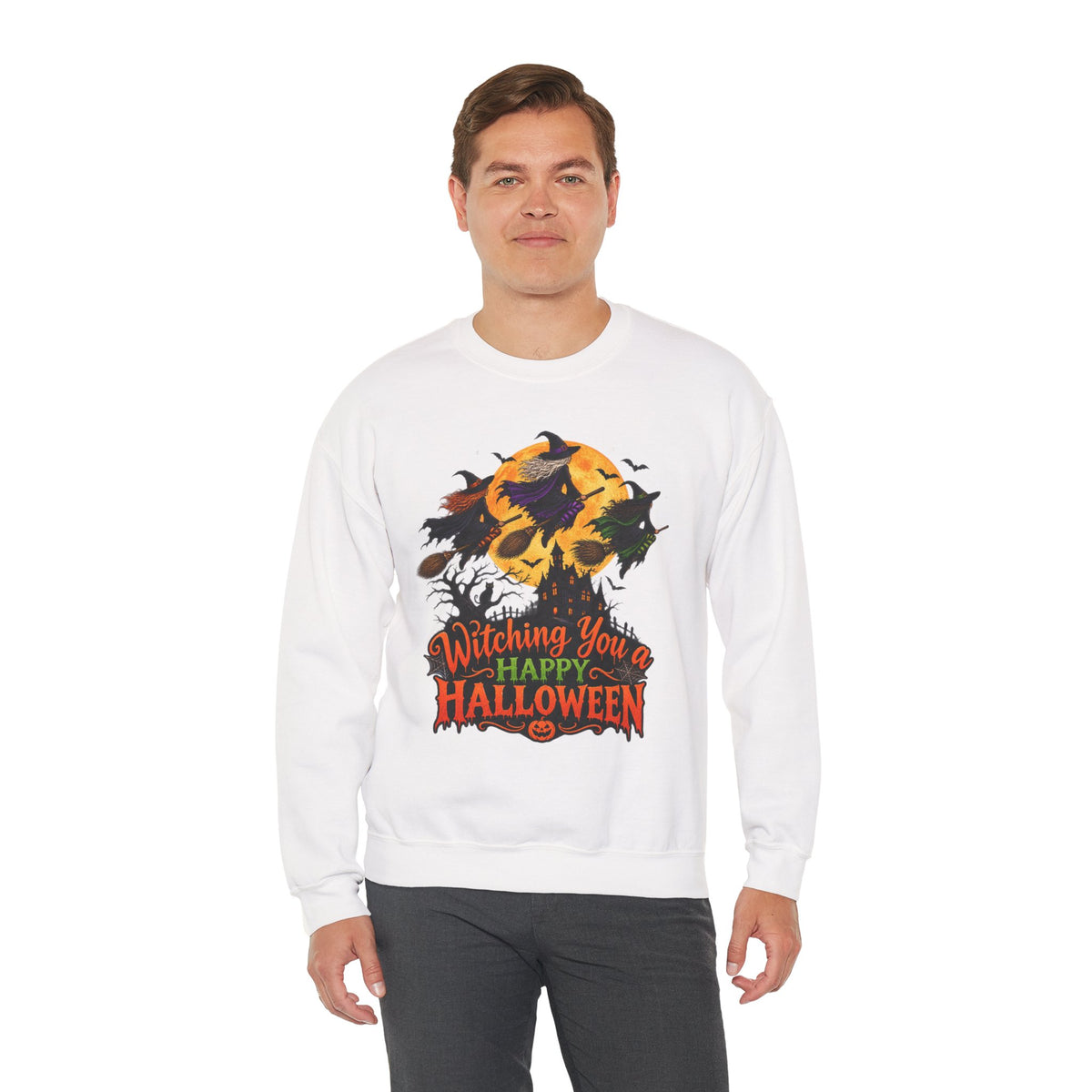 Witching You a Happy Halloween Crewneck Sweatshirt | Halloween Skull Moon Design