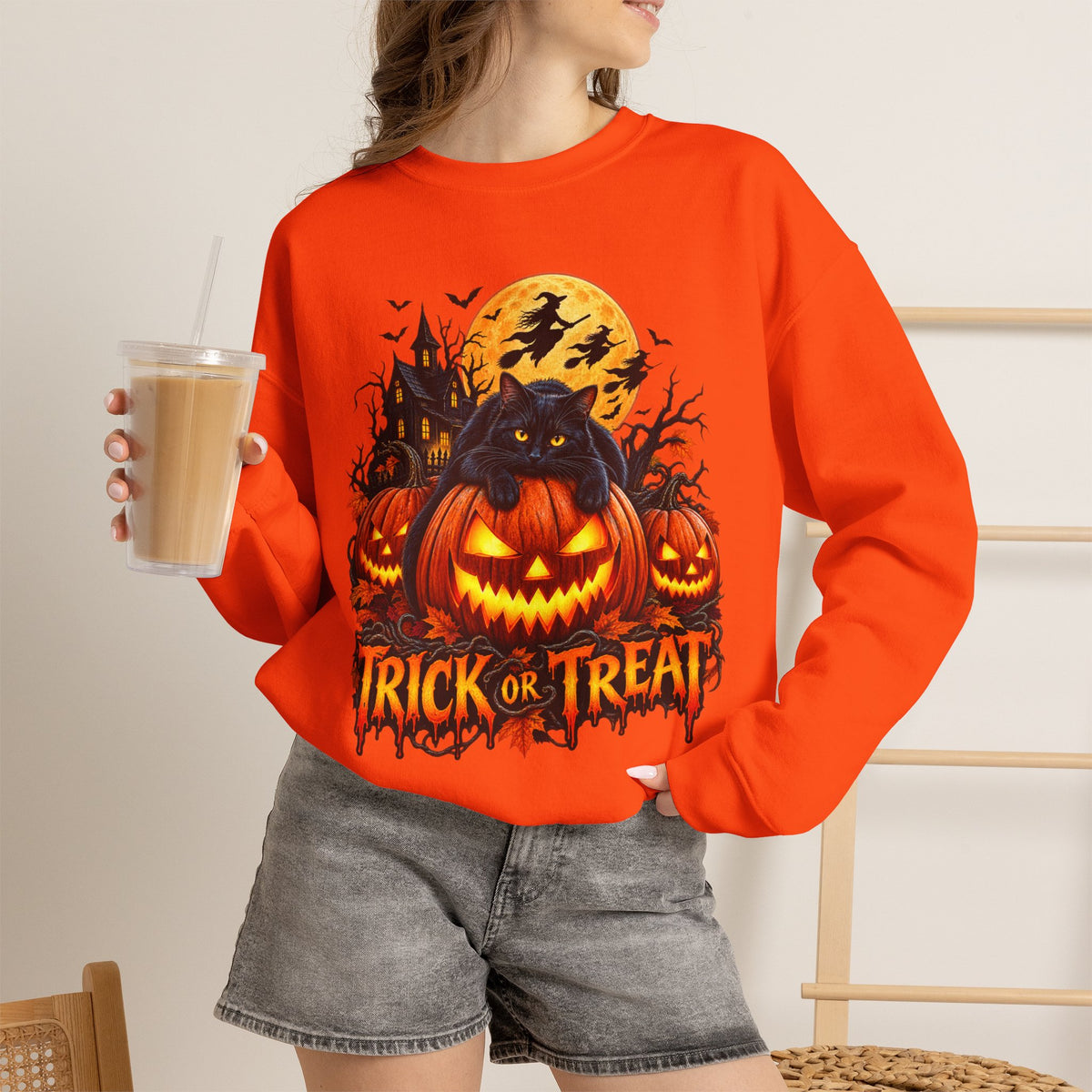 Trick or Treat Pumpkin Cat Sweatshirt | Halloween Jack-O'-Lantern Crewneck