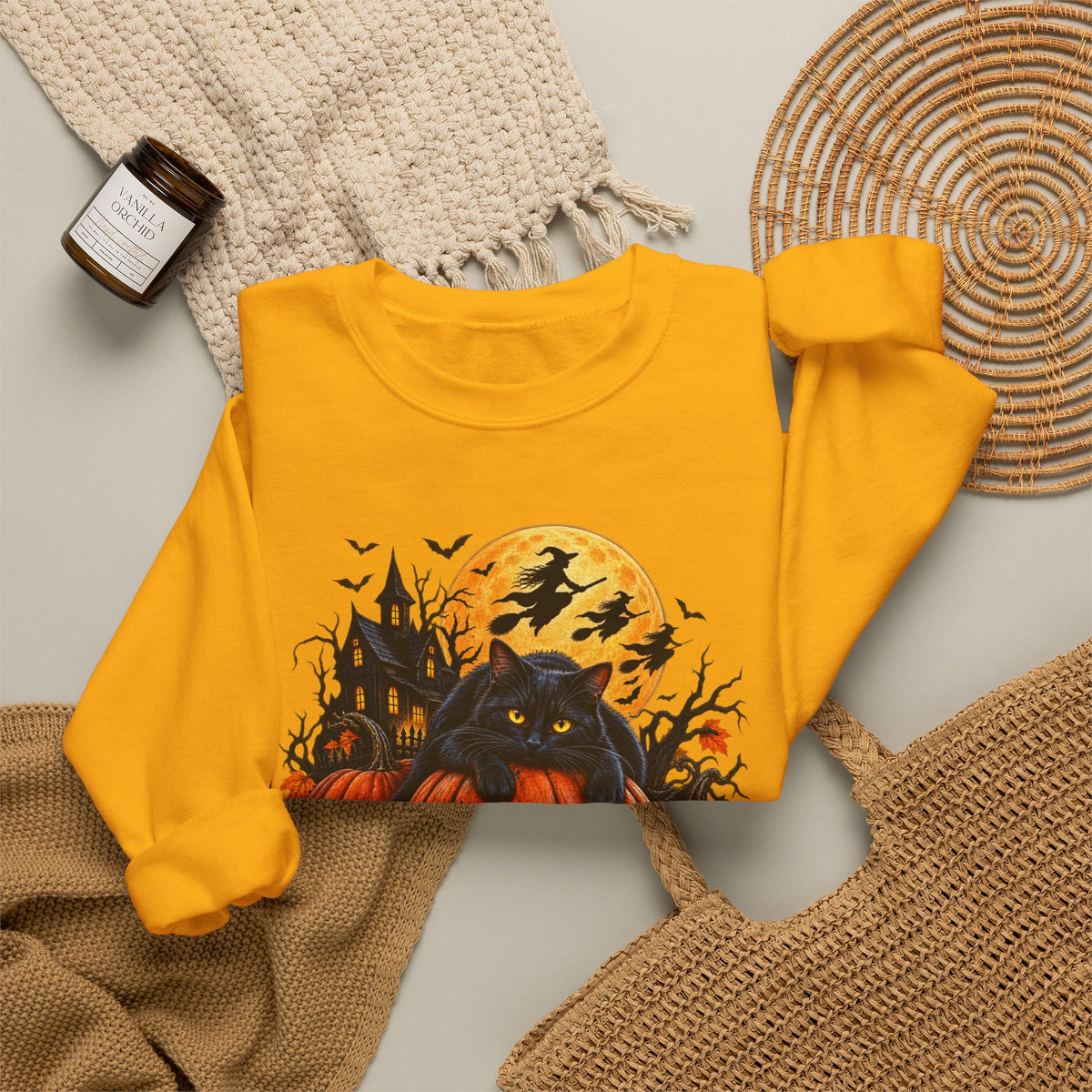 Trick or Treat Pumpkin Cat Sweatshirt | Halloween Jack-O'-Lantern Crewneck