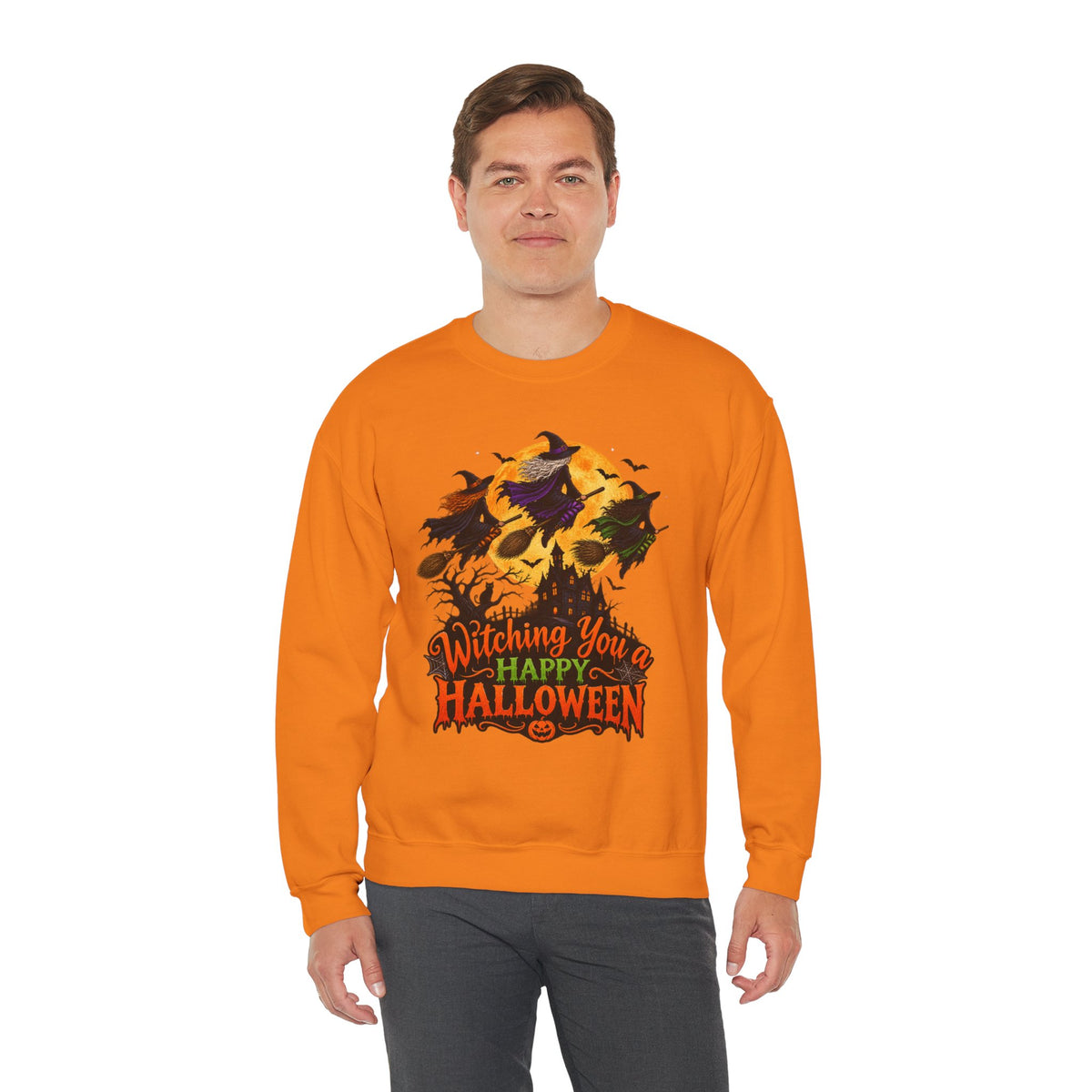 Witching You a Happy Halloween Crewneck Sweatshirt | Halloween Skull Moon Design