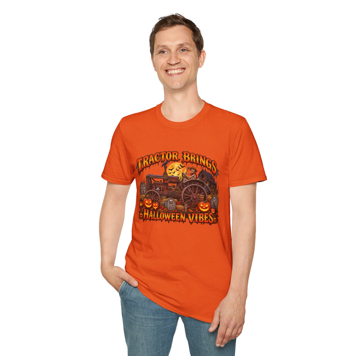 Tractor Brings Halloween Vibes T-Shirt | Pumpkin Farm Tractor Halloween Tee
