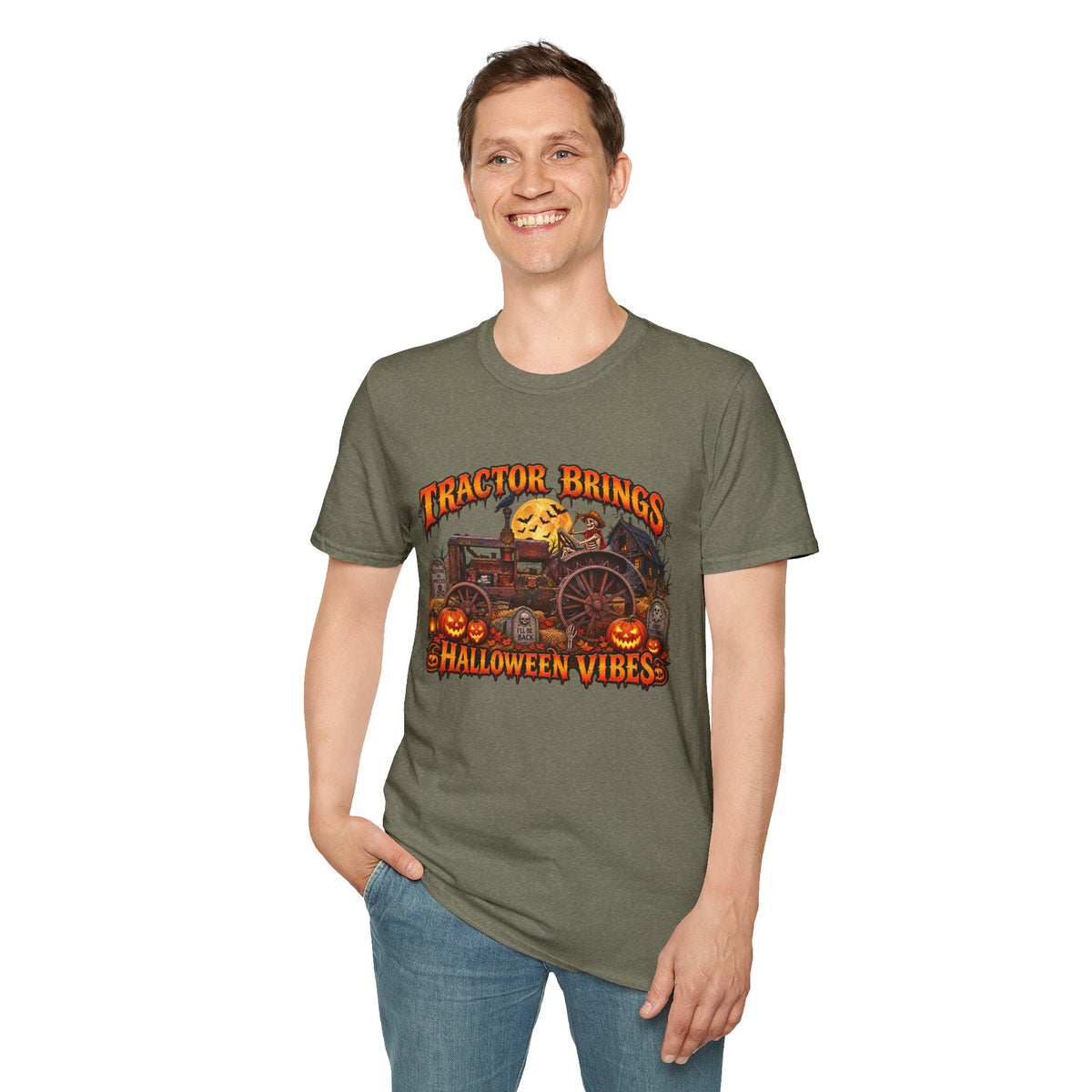 Tractor Brings Halloween Vibes T-Shirt | Pumpkin Farm Tractor Halloween Tee
