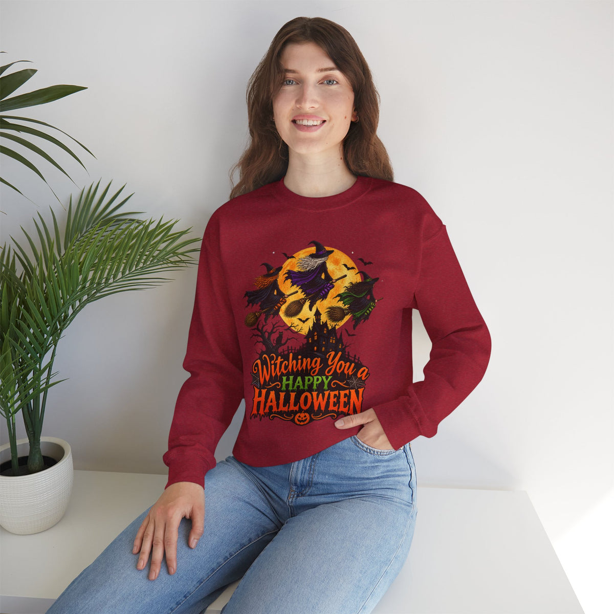 Witching You a Happy Halloween Crewneck Sweatshirt | Halloween Skull Moon Design
