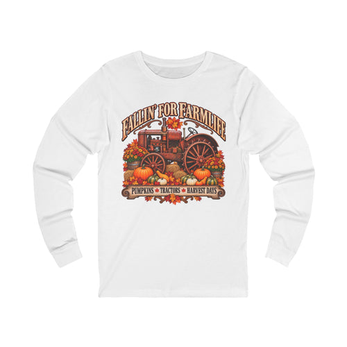 Fallin' for Farm Life Long Sleeve Tee — Pumpkin, Tractor & Harvest Days Design
