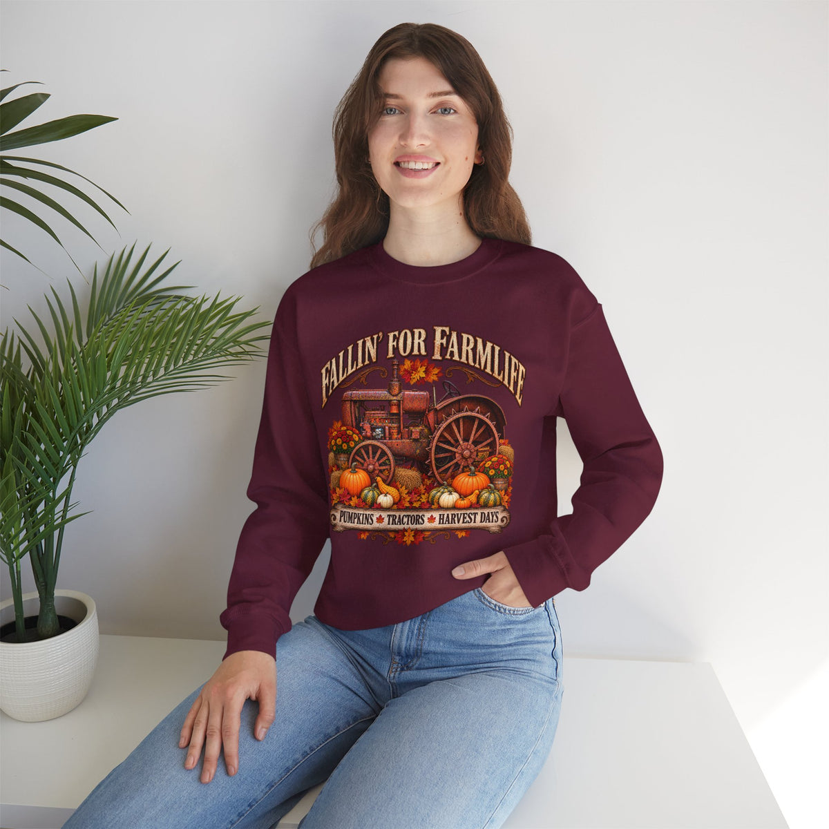 Fallin' for Farm Life Crewneck | Vintage Tractor, Pumpkins, Harvest