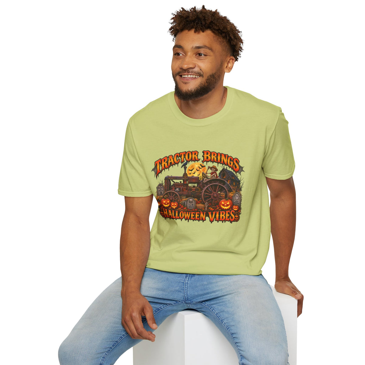 Tractor Brings Halloween Vibes T-Shirt | Pumpkin Farm Tractor Halloween Tee