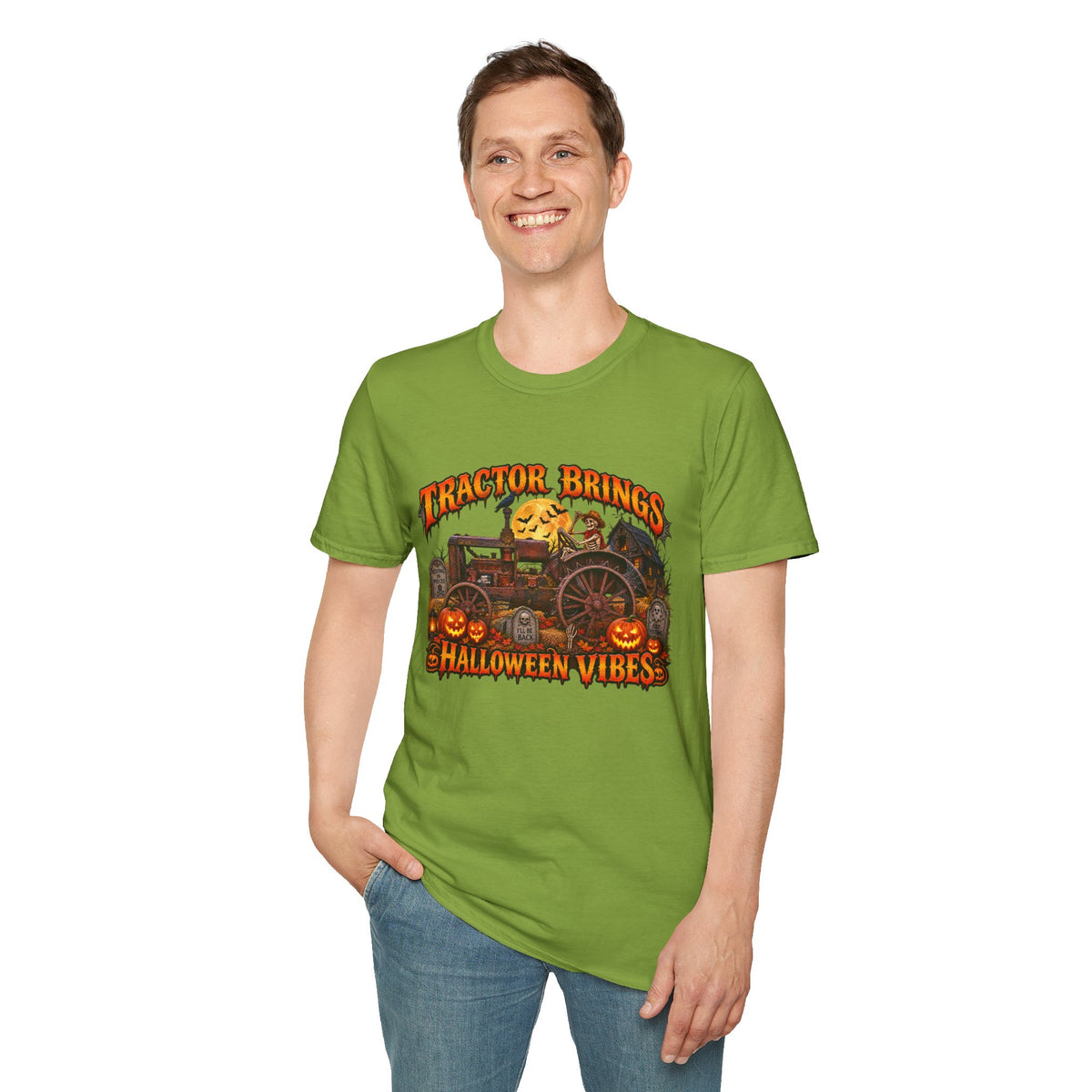 Tractor Brings Halloween Vibes T-Shirt | Pumpkin Farm Tractor Halloween Tee