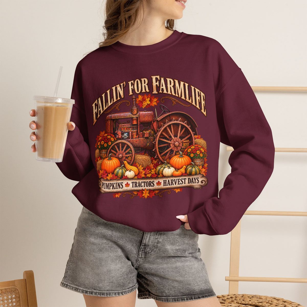 Fallin' for Farm Life Crewneck | Vintage Tractor, Pumpkins, Harvest