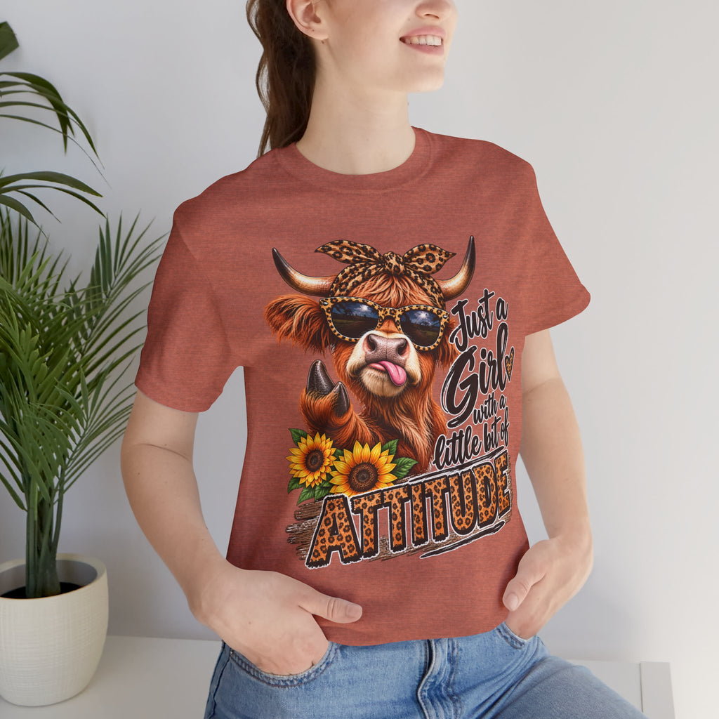 Girl With Attitude Cow Graphic Tee – "Just a Girl with a Little Bit of Attitude" Sunflower Shirt