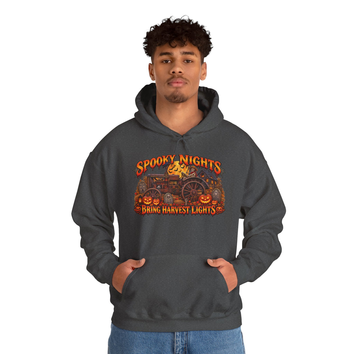 Spooky Nights Bring Harvest Lights Hoodie | Halloween Pumpkin Wagon Sweatshirt