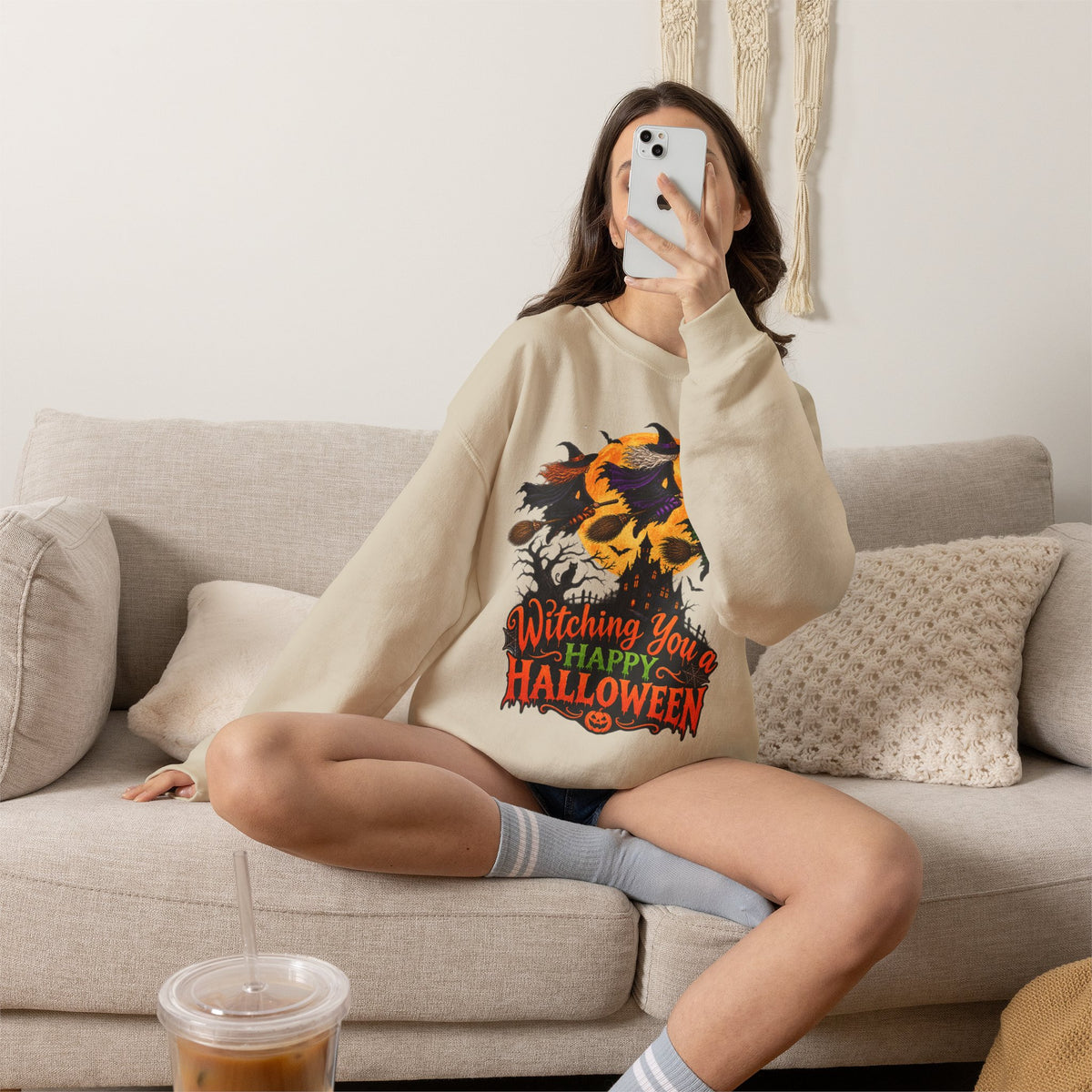 Witching You a Happy Halloween Crewneck Sweatshirt | Halloween Skull Moon Design