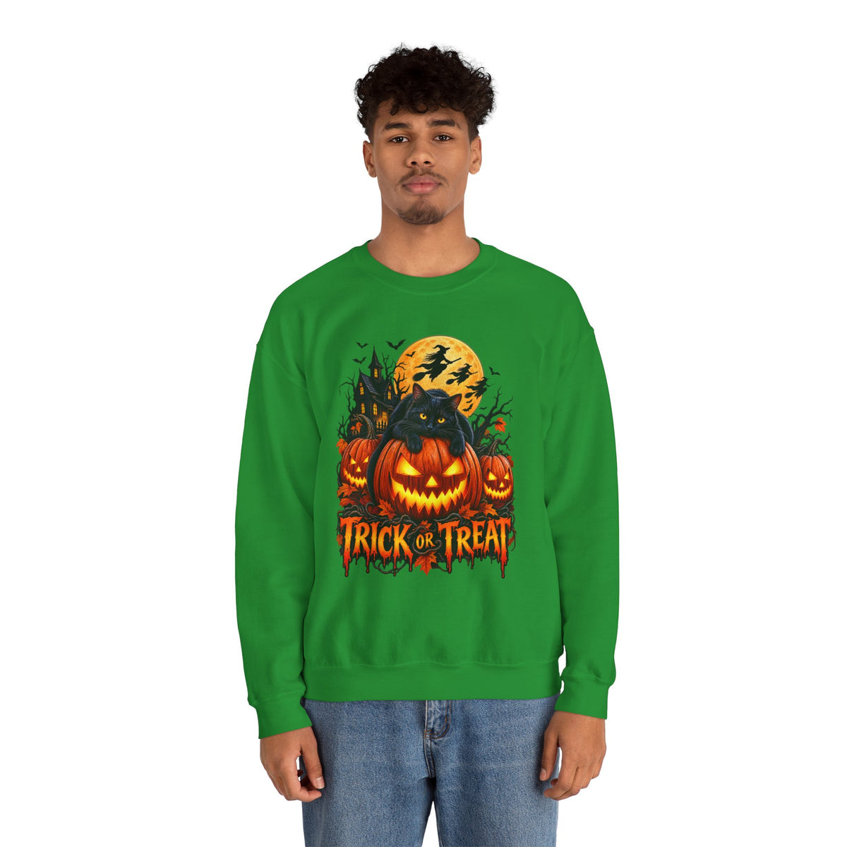 Trick or Treat Pumpkin Cat Sweatshirt | Halloween Jack-O'-Lantern Crewneck