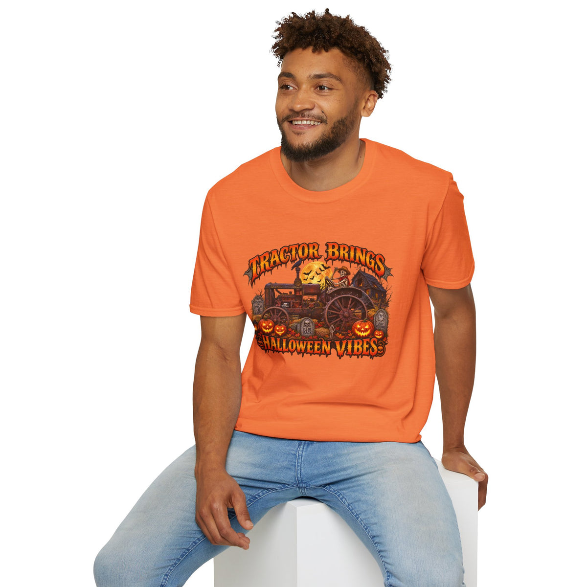 Tractor Brings Halloween Vibes T-Shirt | Pumpkin Farm Tractor Halloween Tee