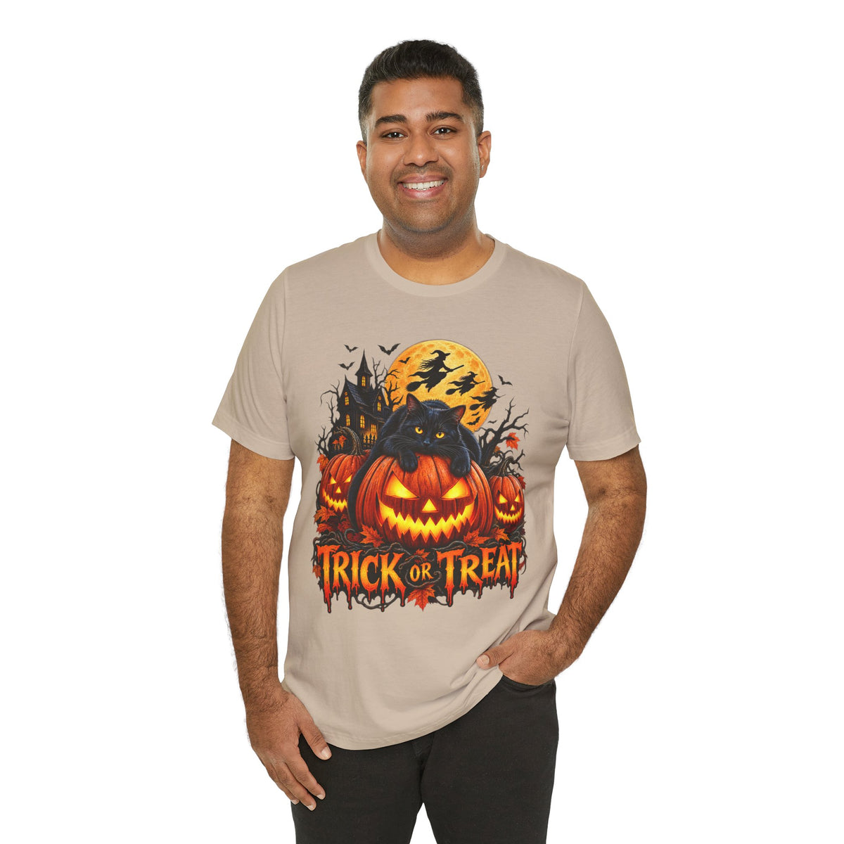 Trick or Treat Jack-O'-Lanterns Pumpkin Cat T-Shirt | Halloween Tee, Spooky Haunted Moon
