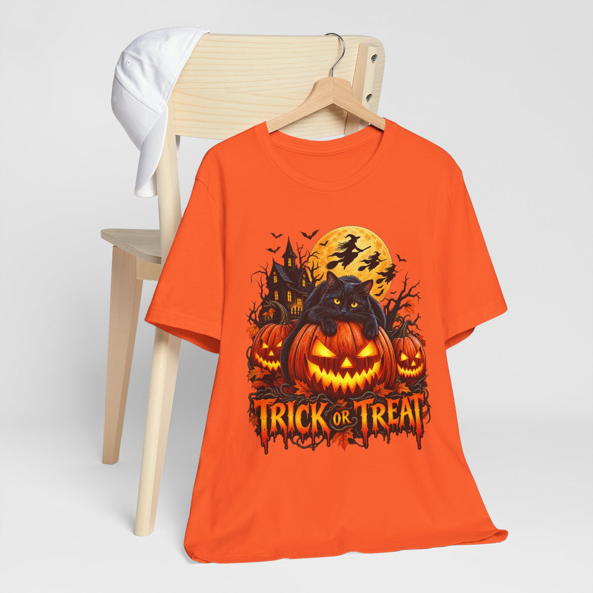 Trick or Treat Jack-O'-Lanterns Pumpkin Cat T-Shirt | Halloween Tee, Spooky Haunted Moon