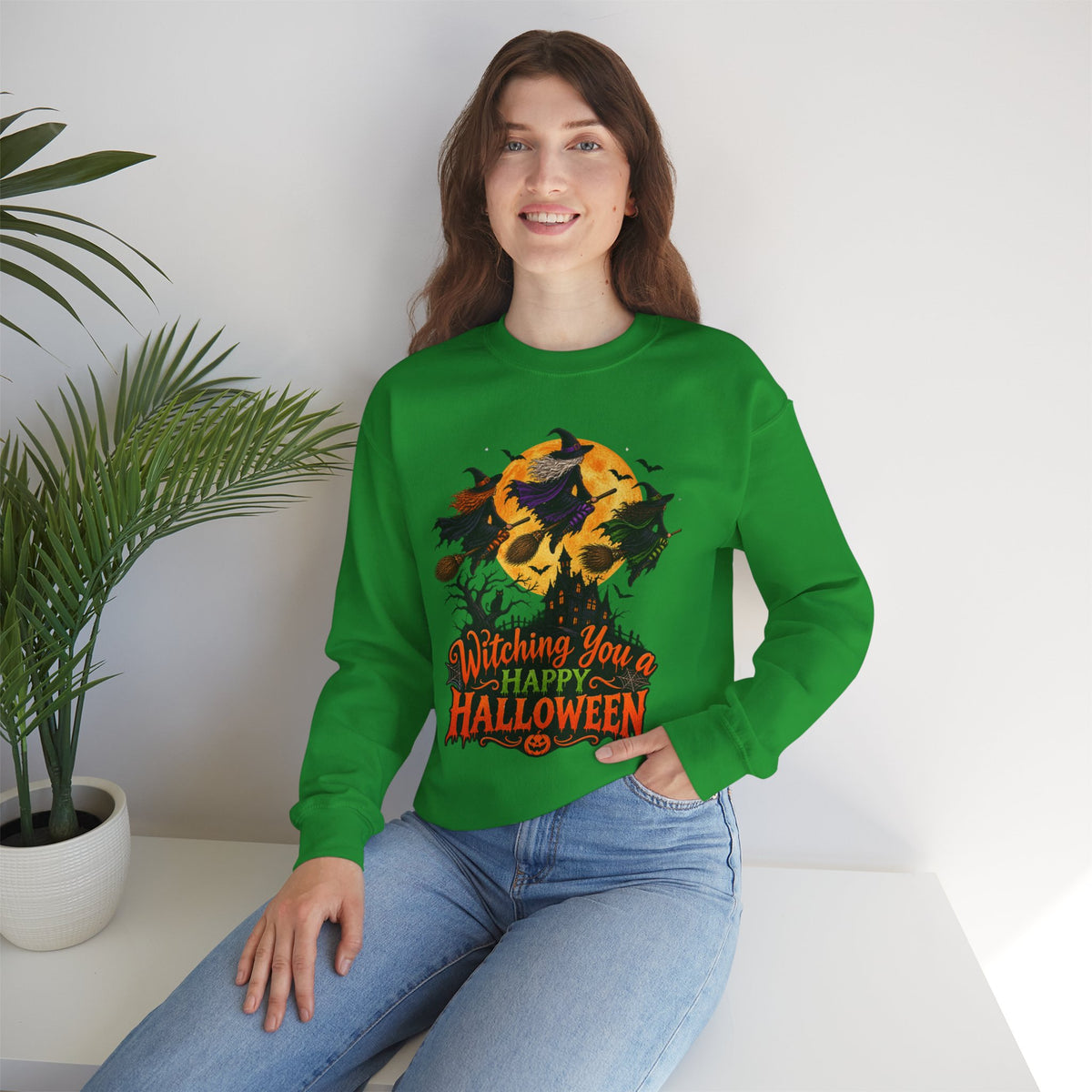Witching You a Happy Halloween Crewneck Sweatshirt | Halloween Skull Moon Design
