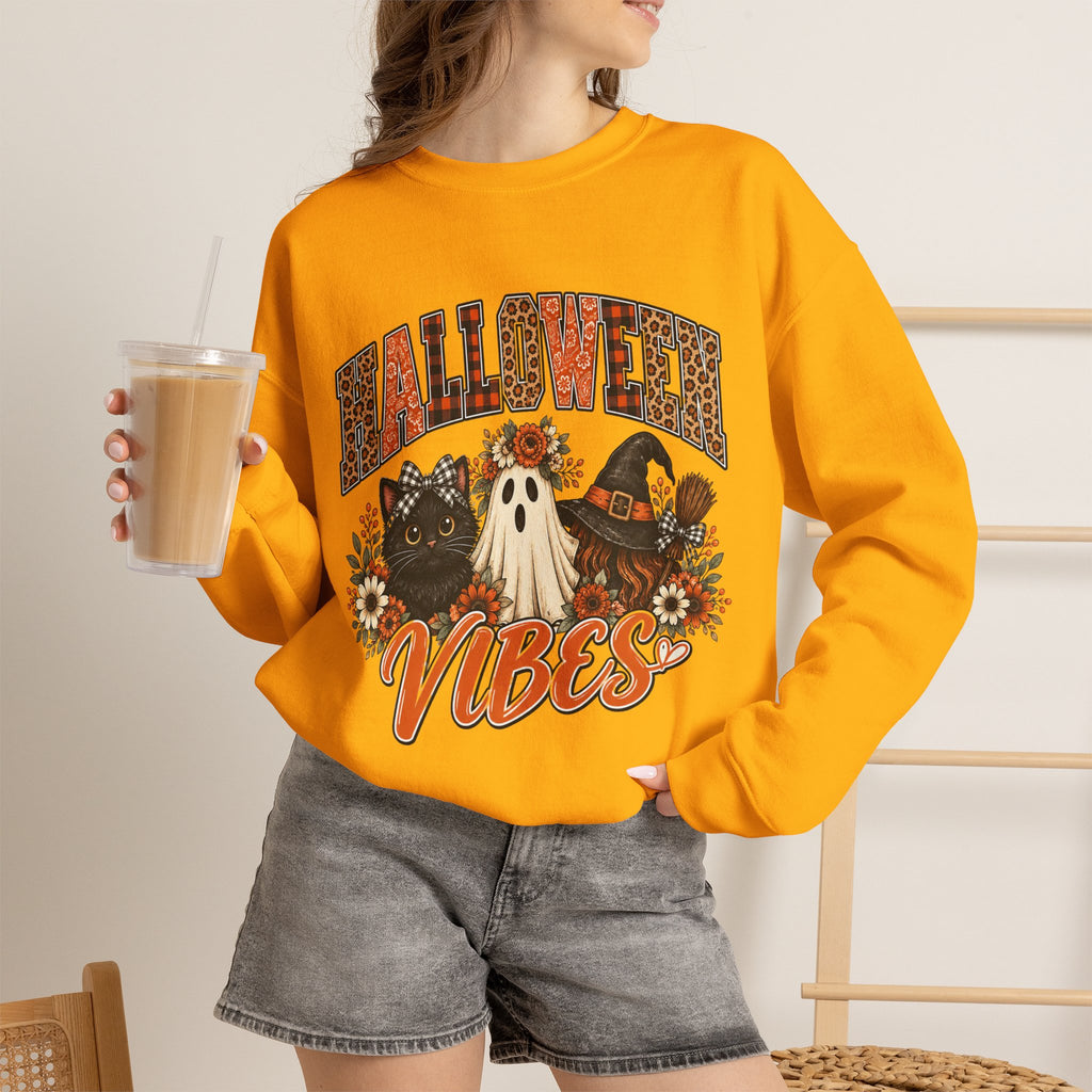 Halloween Vibes Sweatshirt — Cute Ghost & Black Cat Fall Crewneck