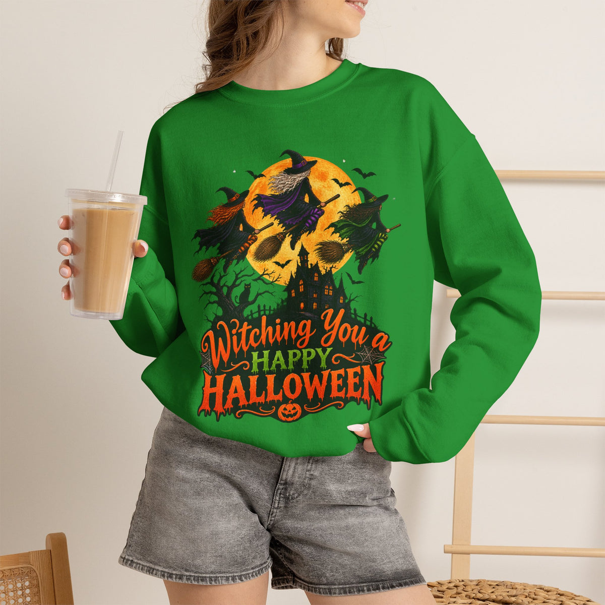 Witching You a Happy Halloween Crewneck Sweatshirt | Halloween Skull Moon Design