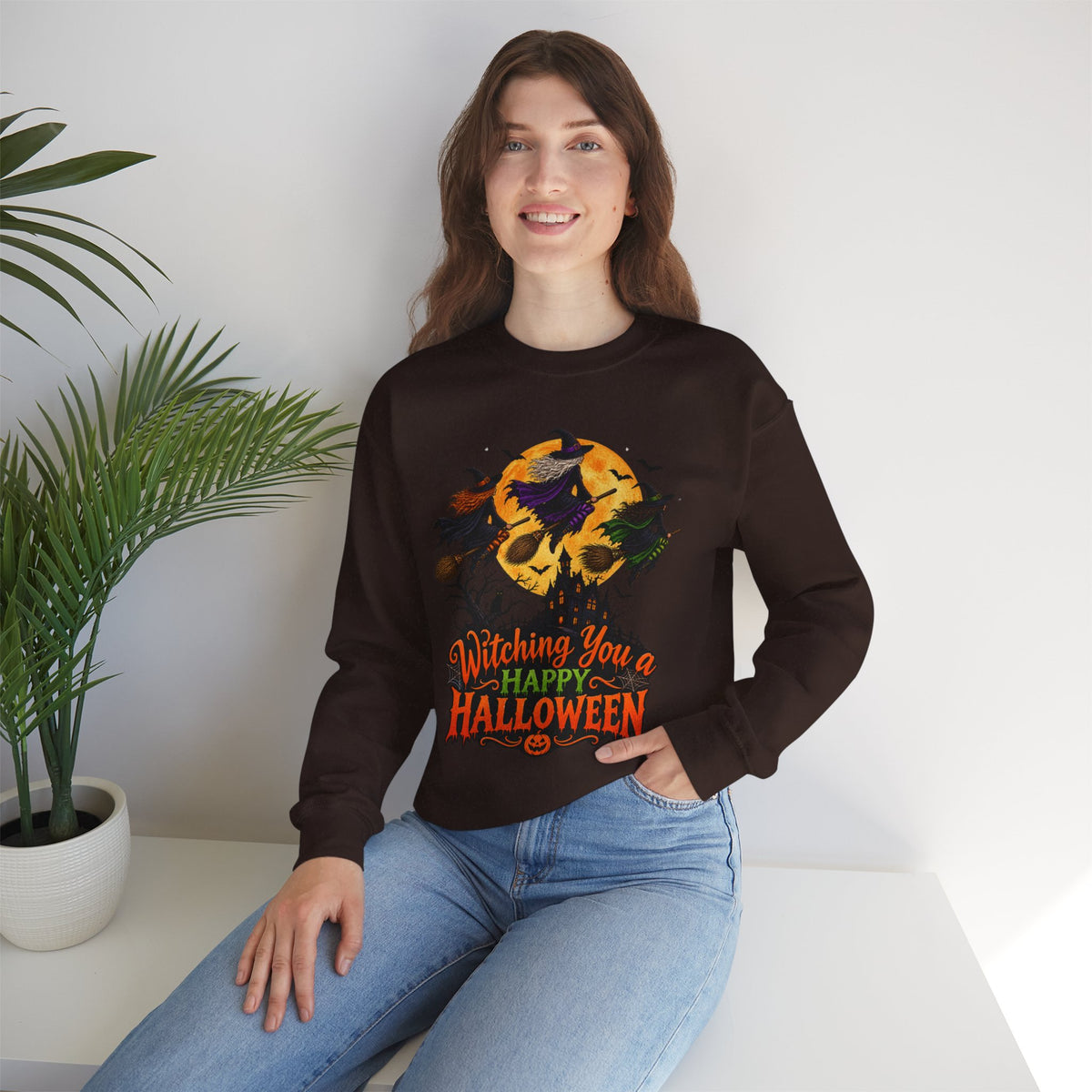 Witching You a Happy Halloween Crewneck Sweatshirt | Halloween Skull Moon Design