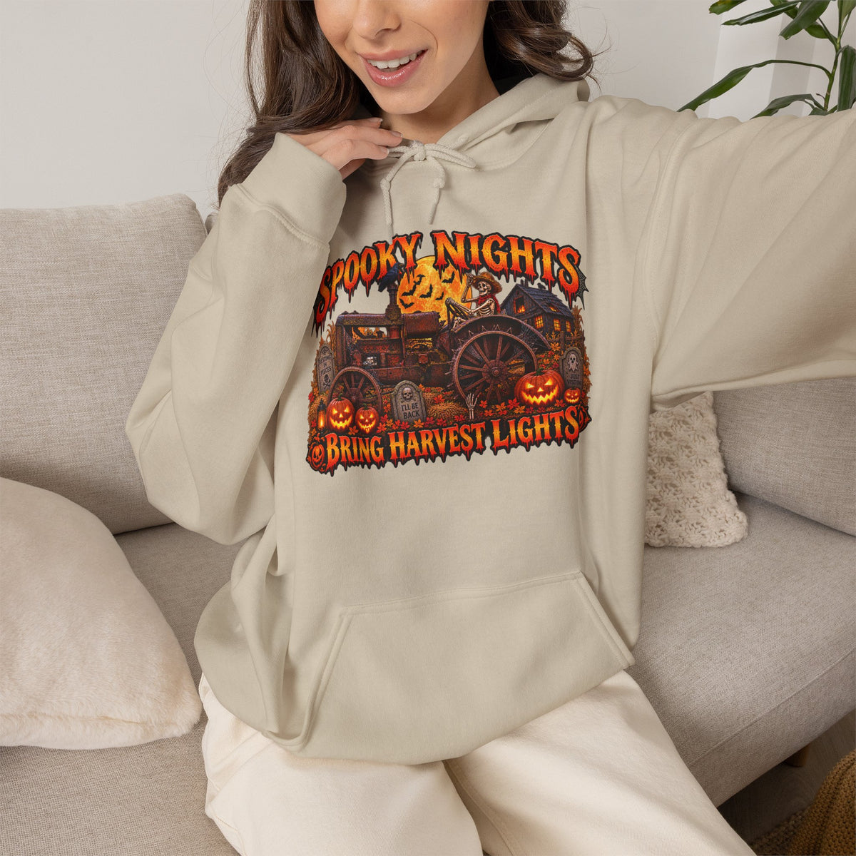 Spooky Nights Bring Harvest Lights Hoodie | Halloween Pumpkin Wagon Sweatshirt