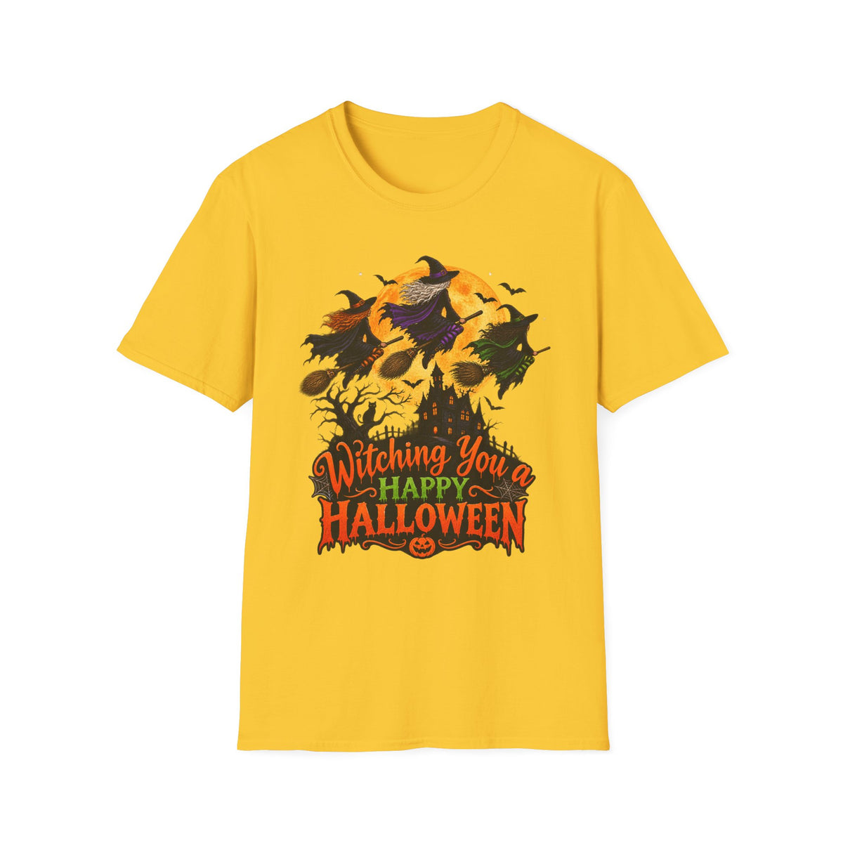 Witching You a Happy Halloween T-Shirt | Witch, Bats, Pumpkin, Moon