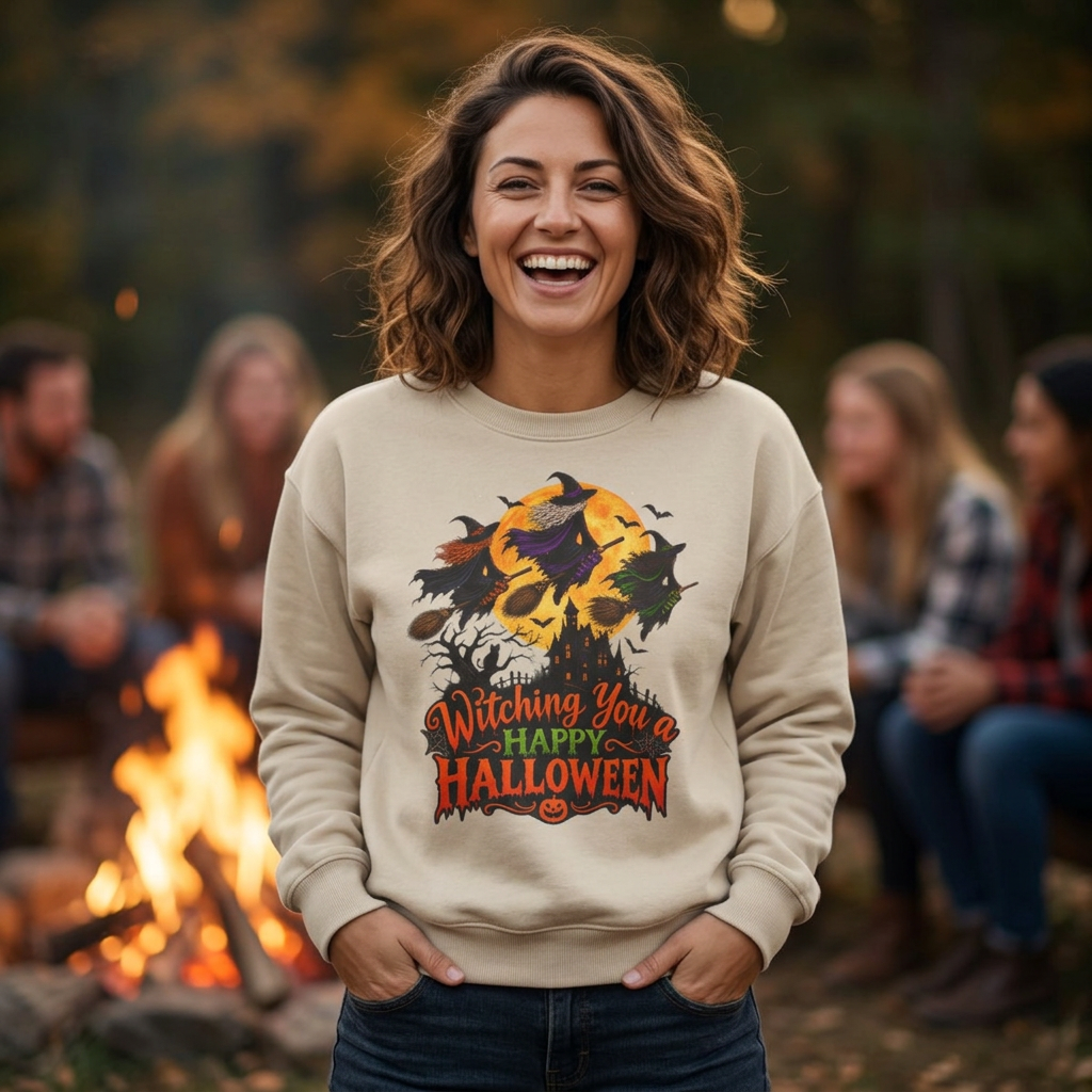 Witching You a Happy Halloween Crewneck Sweatshirt | Halloween Skull Moon Design