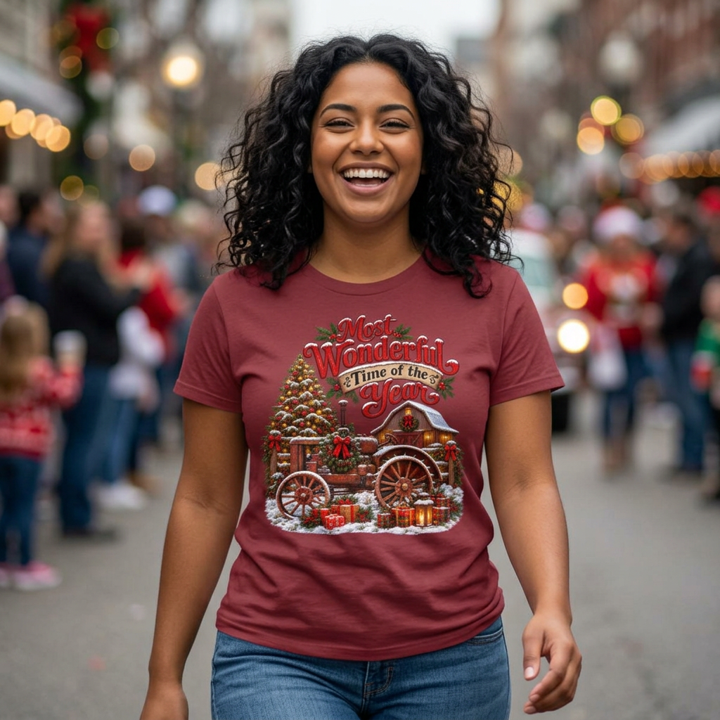 Most Wonderful Time of the Year Christmas T-Shirt | Vintage Holiday Wagon Design