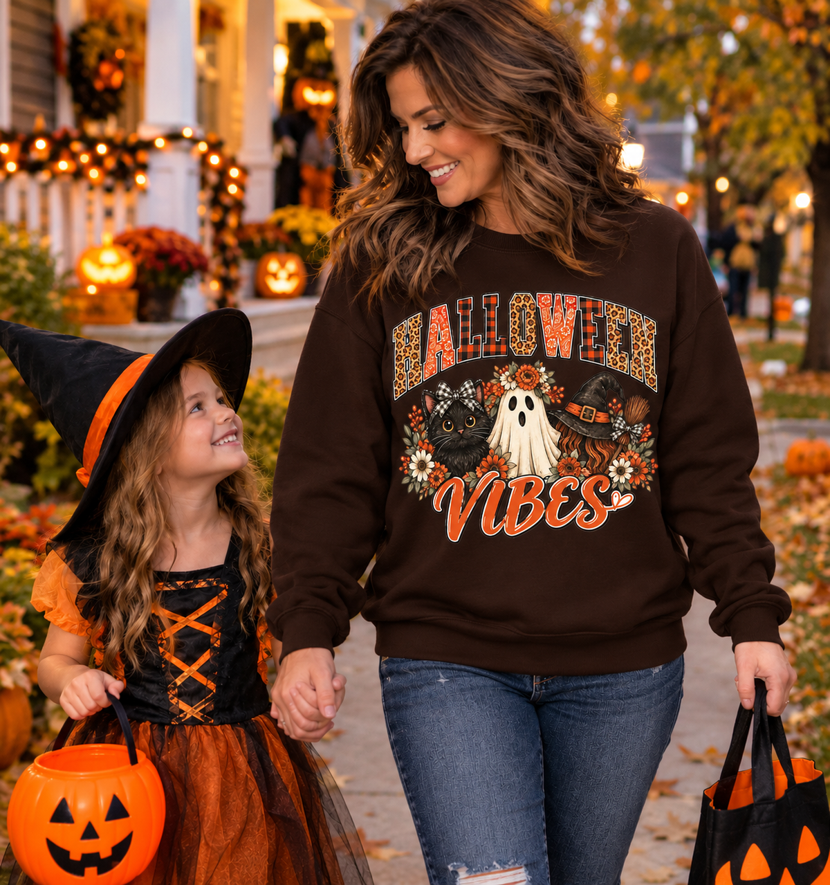 Halloween Vibes Sweatshirt — Cute Ghost & Black Cat Fall Crewneck