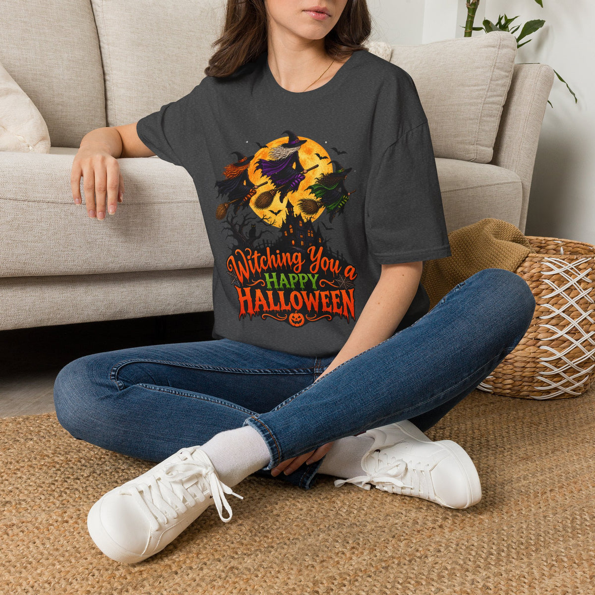 Witching You a Happy Halloween T-Shirt | Witch, Bats, Pumpkin, Moon