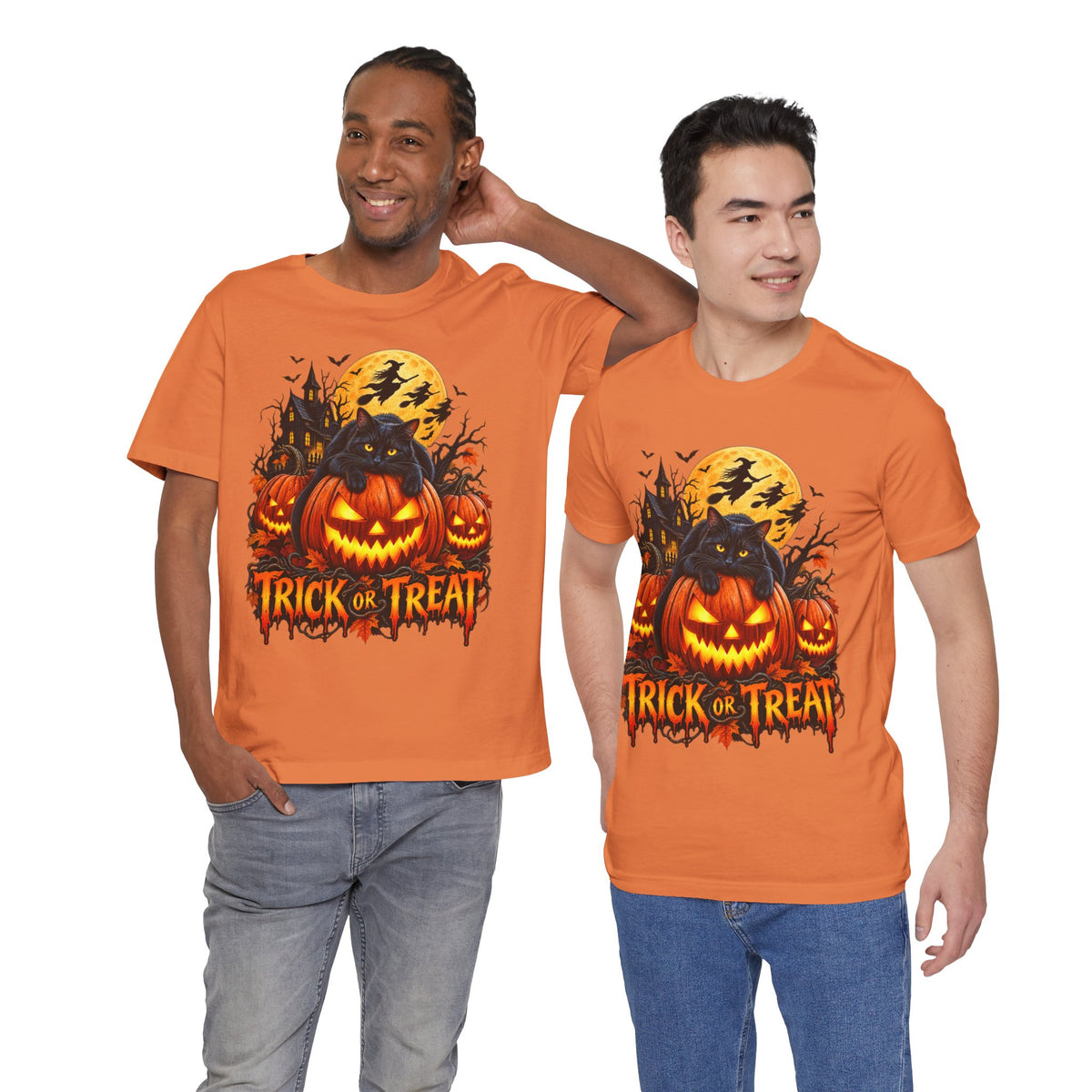 Trick or Treat Jack-O'-Lanterns Pumpkin Cat T-Shirt | Halloween Tee, Spooky Haunted Moon