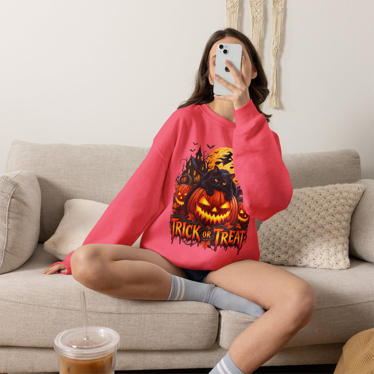 Trick or Treat Pumpkin Cat Sweatshirt | Halloween Jack-O'-Lantern Crewneck