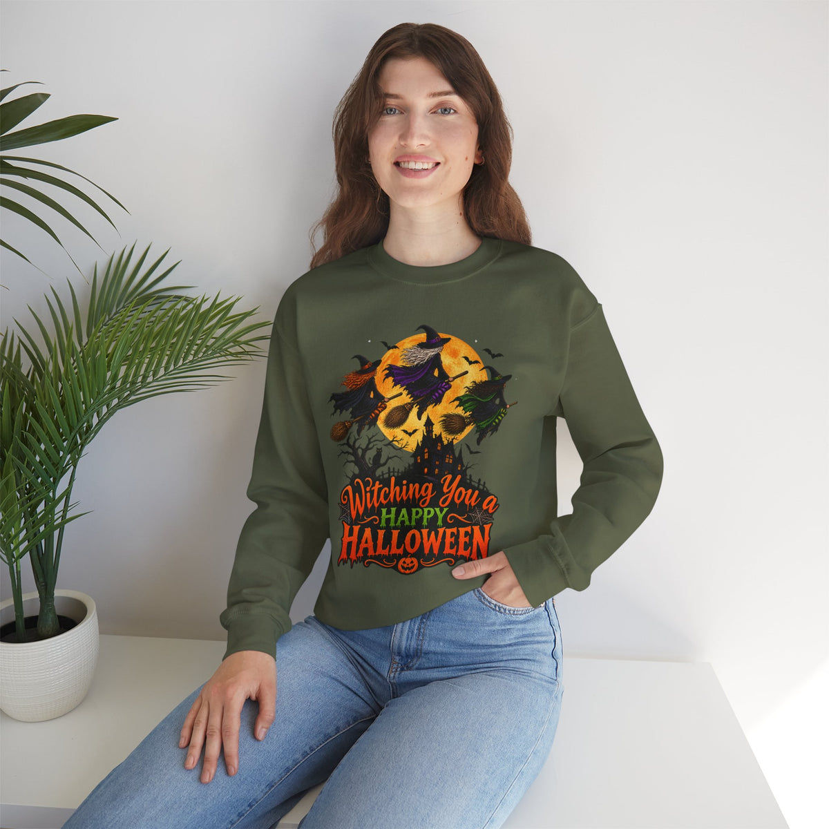 Witching You a Happy Halloween Crewneck Sweatshirt | Halloween Skull Moon Design