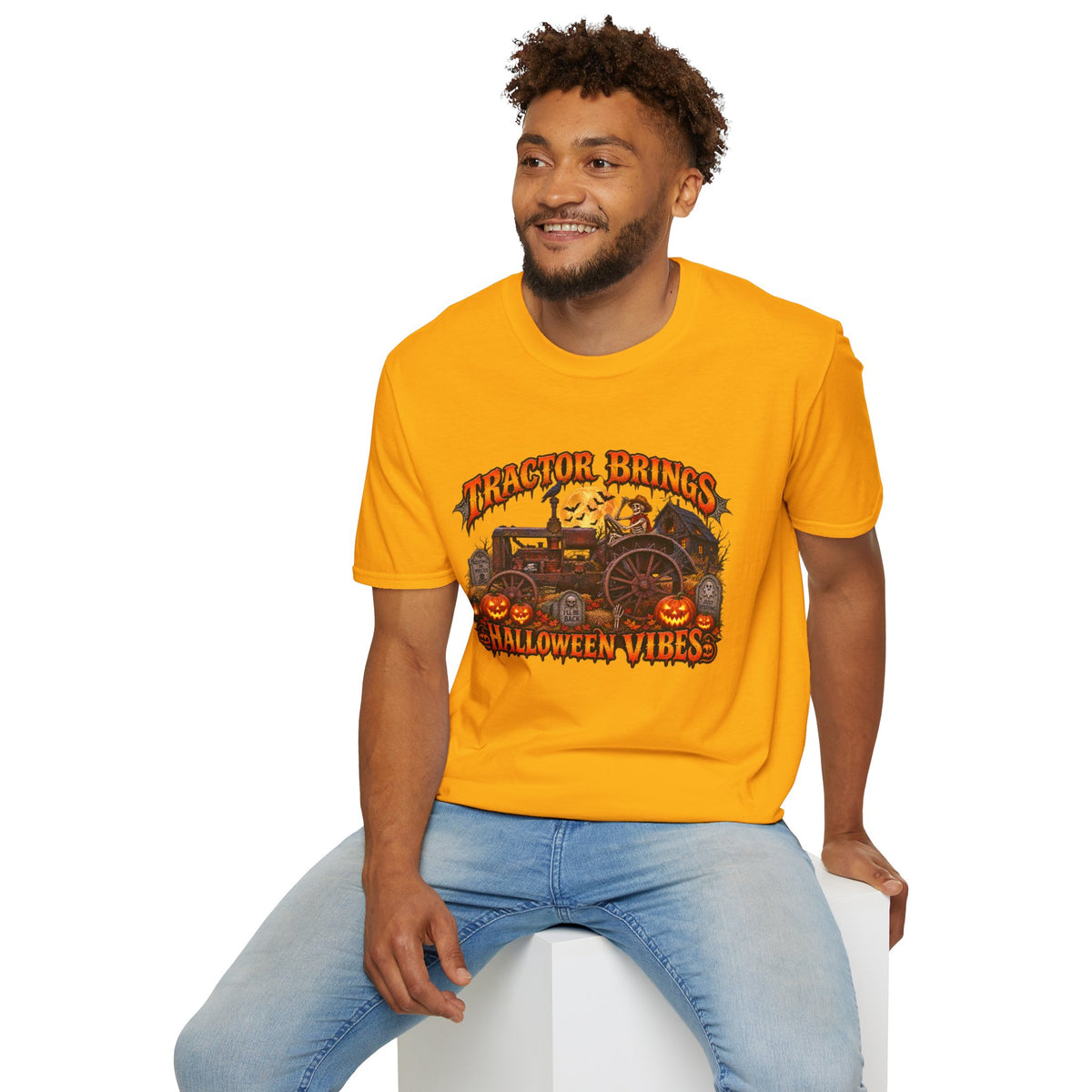 Tractor Brings Halloween Vibes T-Shirt | Pumpkin Farm Tractor Halloween Tee
