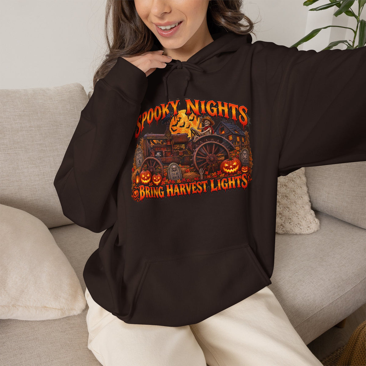 Spooky Nights Bring Harvest Lights Hoodie | Halloween Pumpkin Wagon Sweatshirt