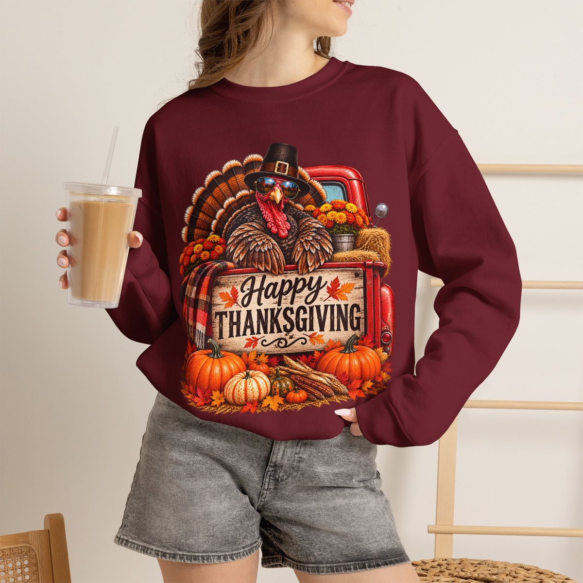 Happy Thanksgiving Turkey Sweatshirt — Fall Pumpkin Harvest Crewneck