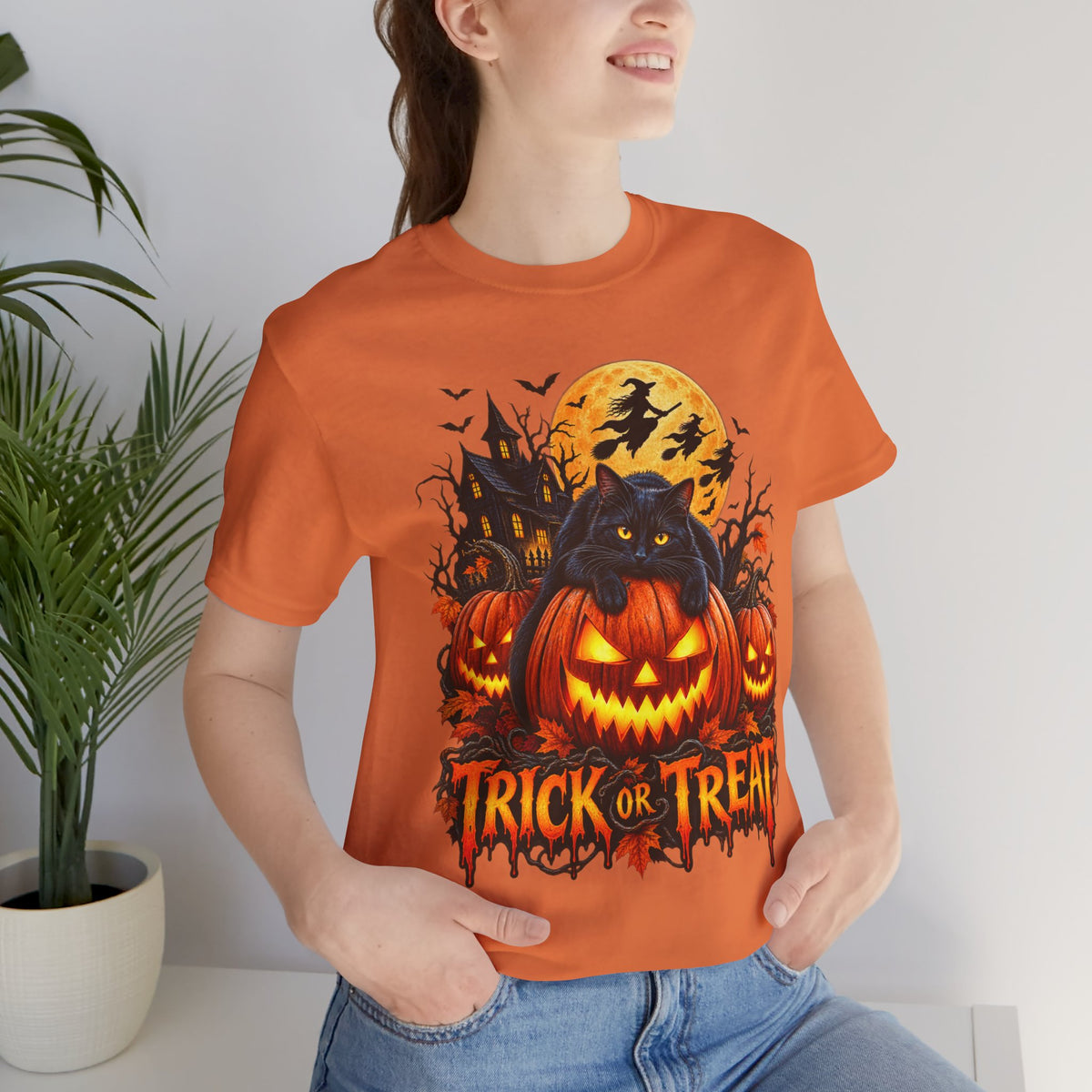 Trick or Treat Jack-O'-Lanterns Pumpkin Cat T-Shirt | Halloween Tee, Spooky Haunted Moon