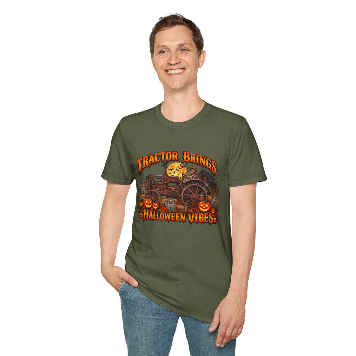 Tractor Brings Halloween Vibes T-Shirt | Pumpkin Farm Tractor Halloween Tee
