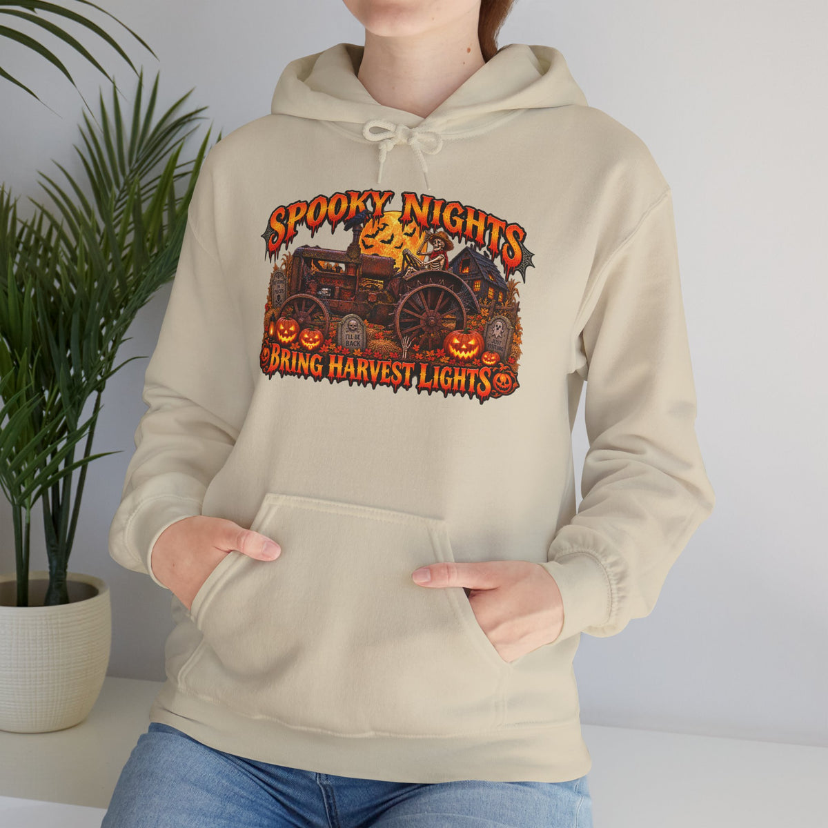 Spooky Nights Bring Harvest Lights Hoodie | Halloween Pumpkin Wagon Sweatshirt