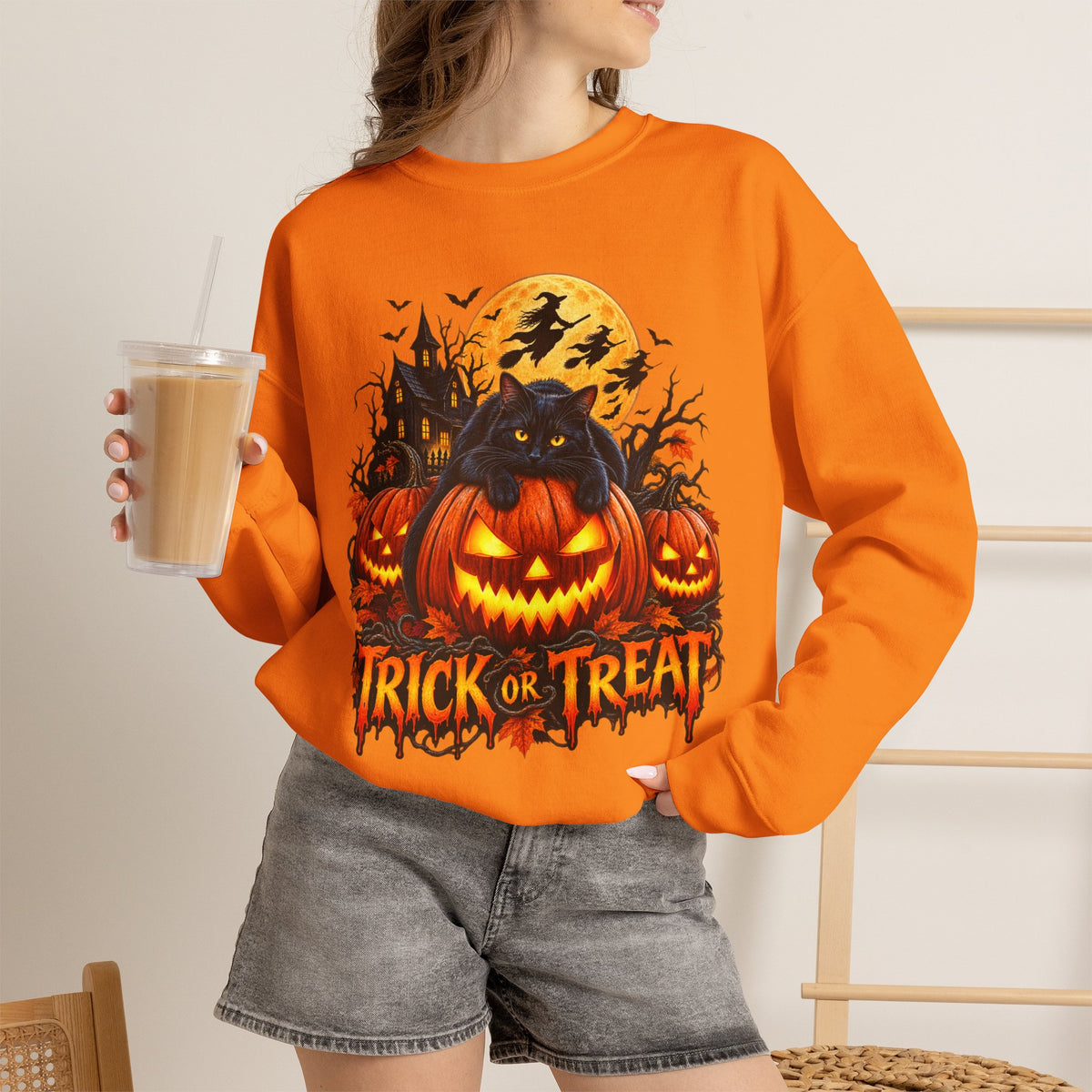 Trick or Treat Pumpkin Cat Sweatshirt | Halloween Jack-O'-Lantern Crewneck