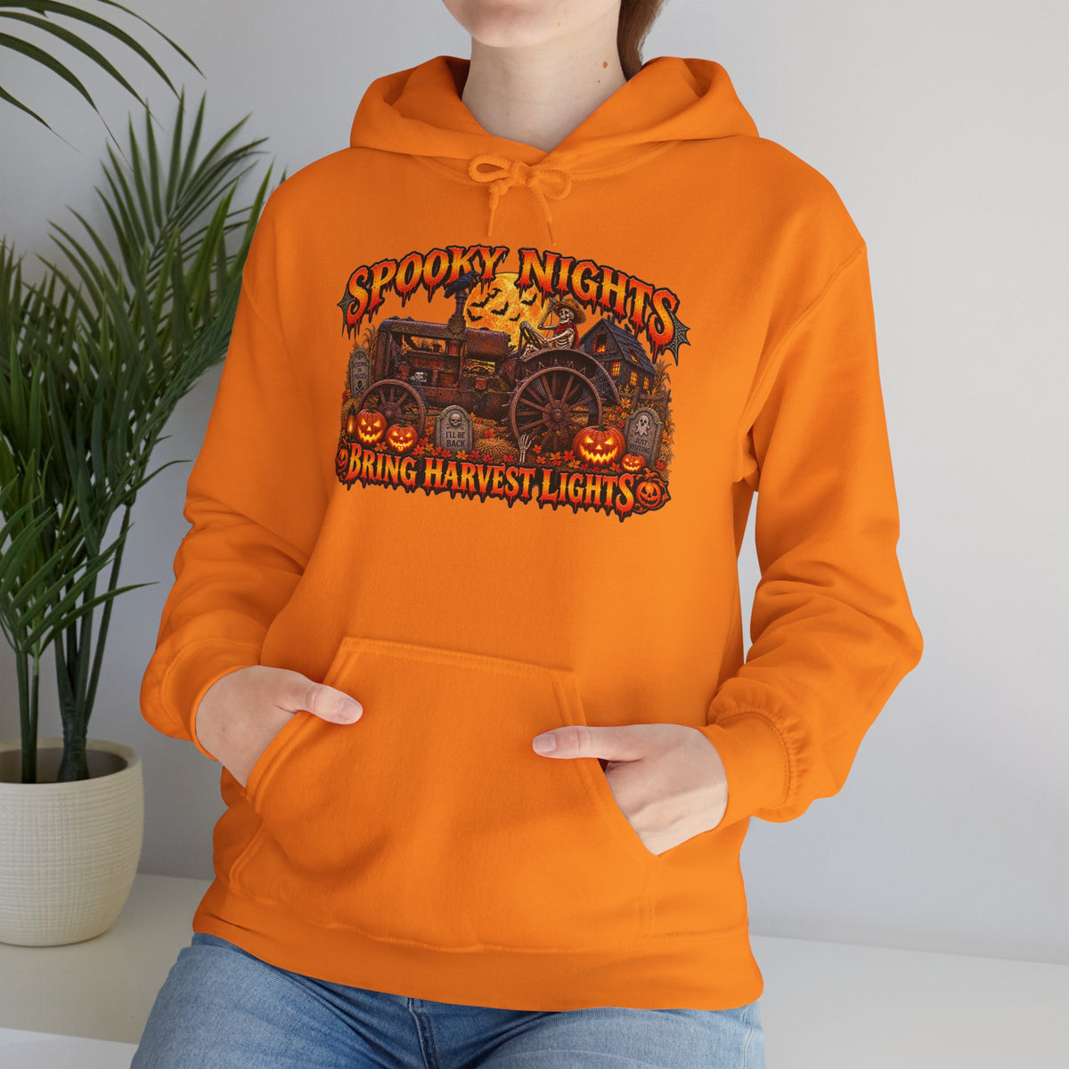 Spooky Nights Bring Harvest Lights Hoodie | Halloween Pumpkin Wagon Sweatshirt
