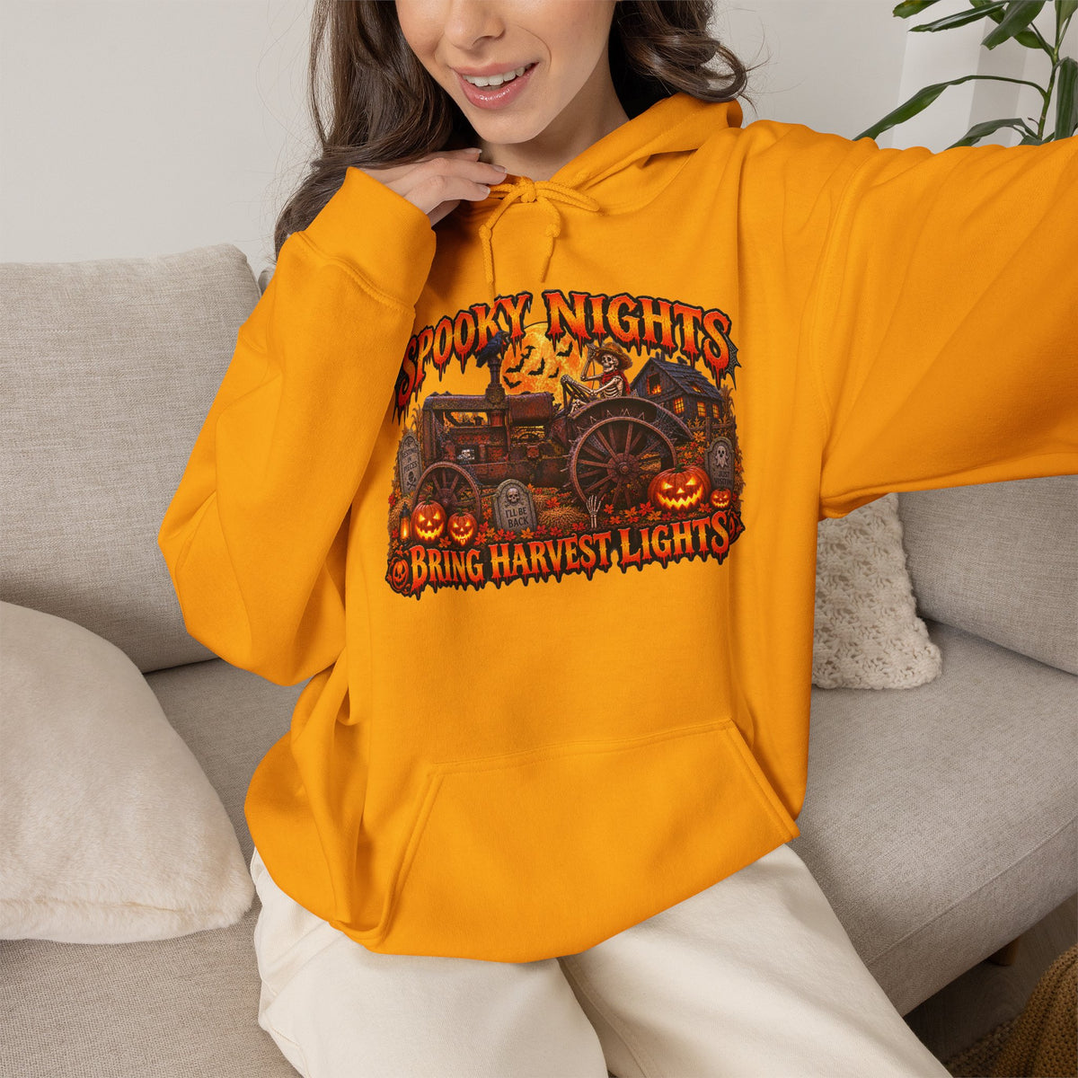 Spooky Nights Bring Harvest Lights Hoodie | Halloween Pumpkin Wagon Sweatshirt