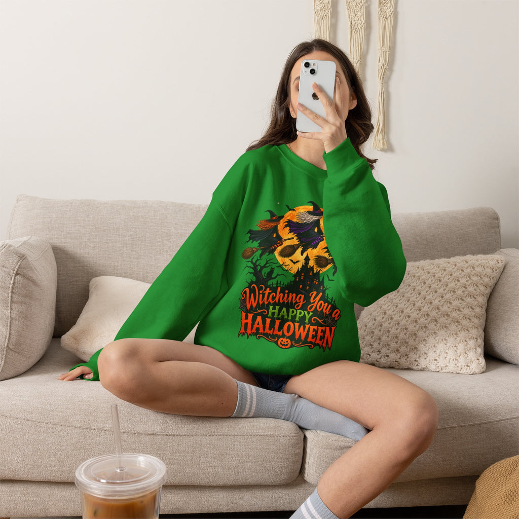 Witching You a Happy Halloween Crewneck Sweatshirt | Halloween Skull Moon Design