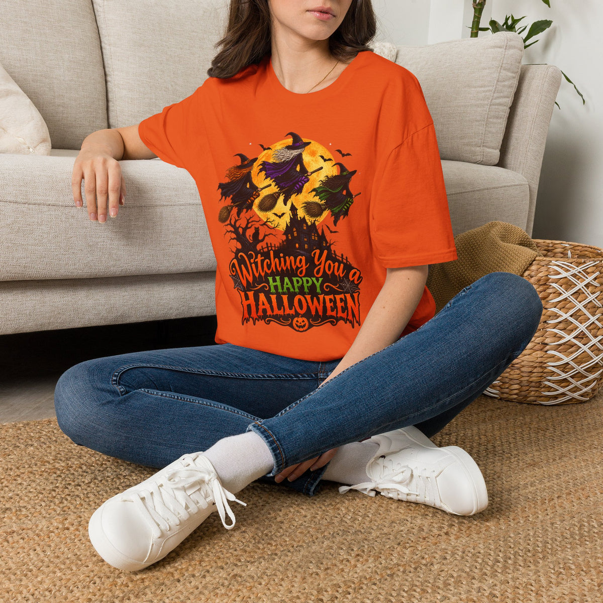 Witching You a Happy Halloween T-Shirt | Witch, Bats, Pumpkin, Moon
