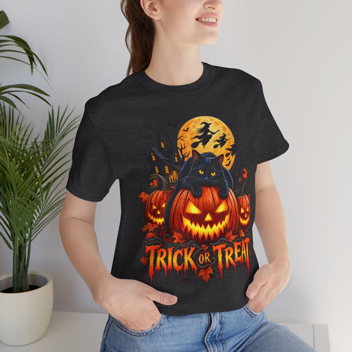 Trick or Treat Jack-O'-Lanterns Pumpkin Cat T-Shirt | Halloween Tee, Spooky Haunted Moon