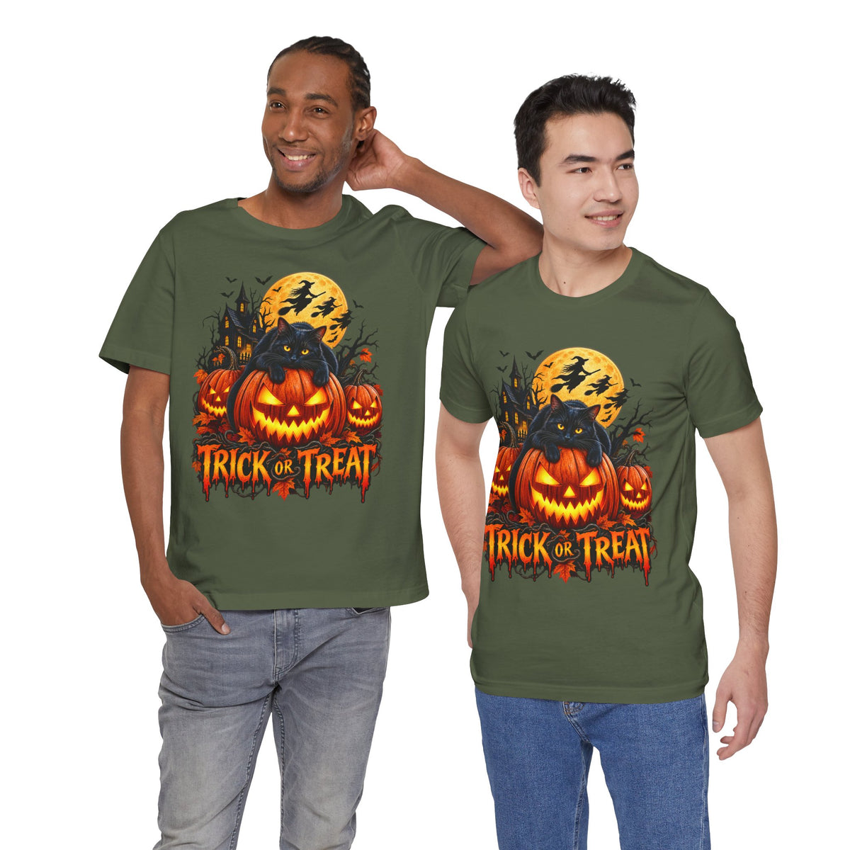 Trick or Treat Jack-O'-Lanterns Pumpkin Cat T-Shirt | Halloween Tee, Spooky Haunted Moon