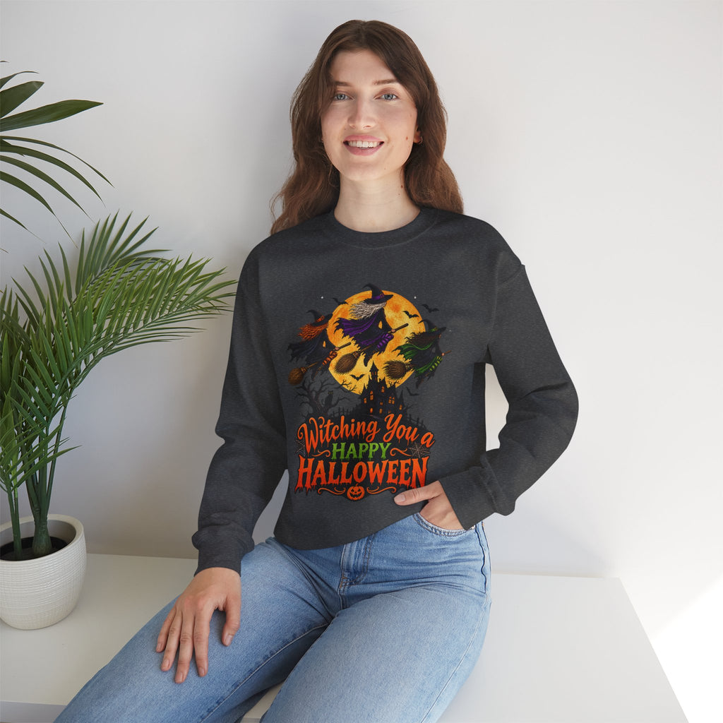 Witching You a Happy Halloween Crewneck Sweatshirt | Halloween Skull Moon Design