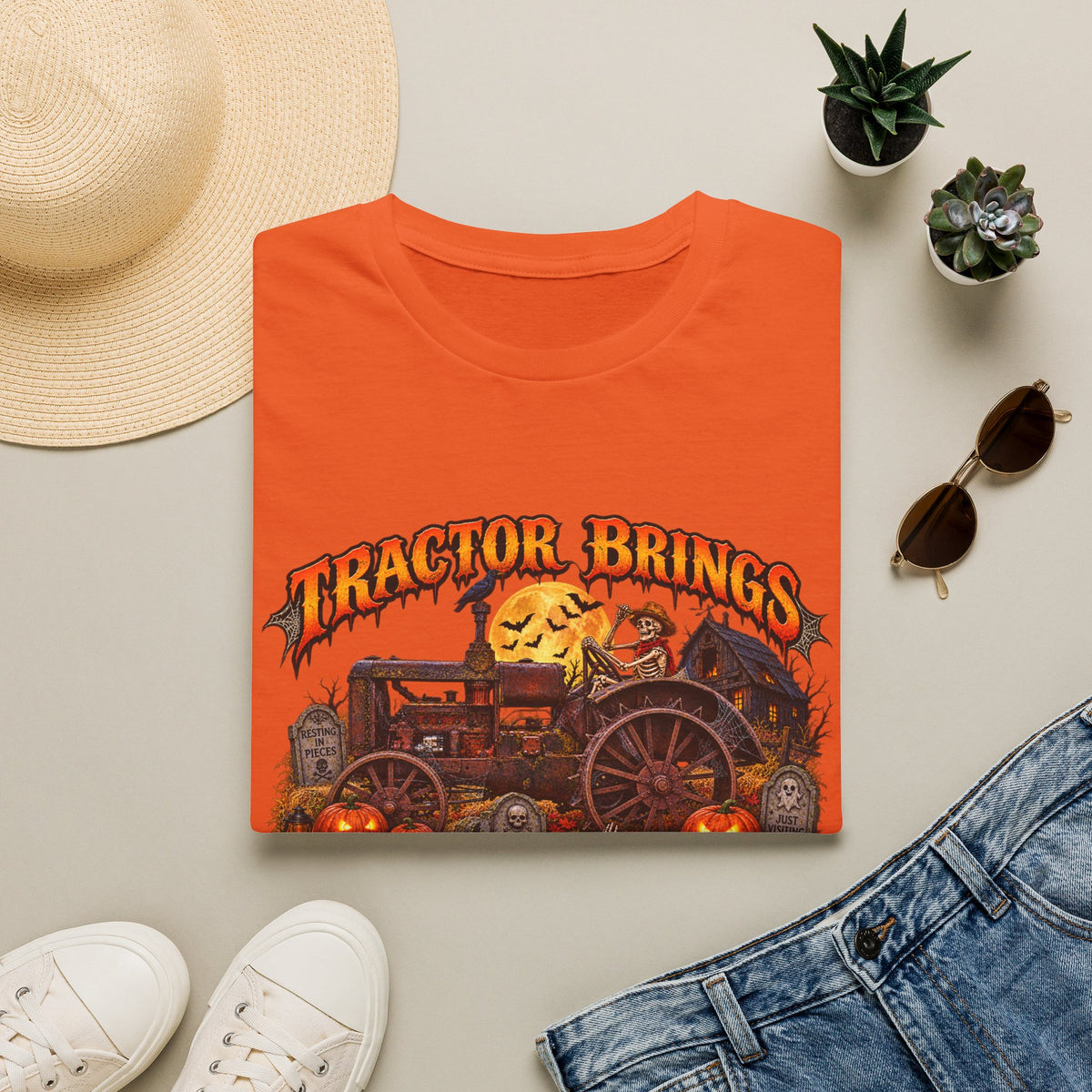 Tractor Brings Halloween Vibes T-Shirt | Pumpkin Farm Tractor Halloween Tee